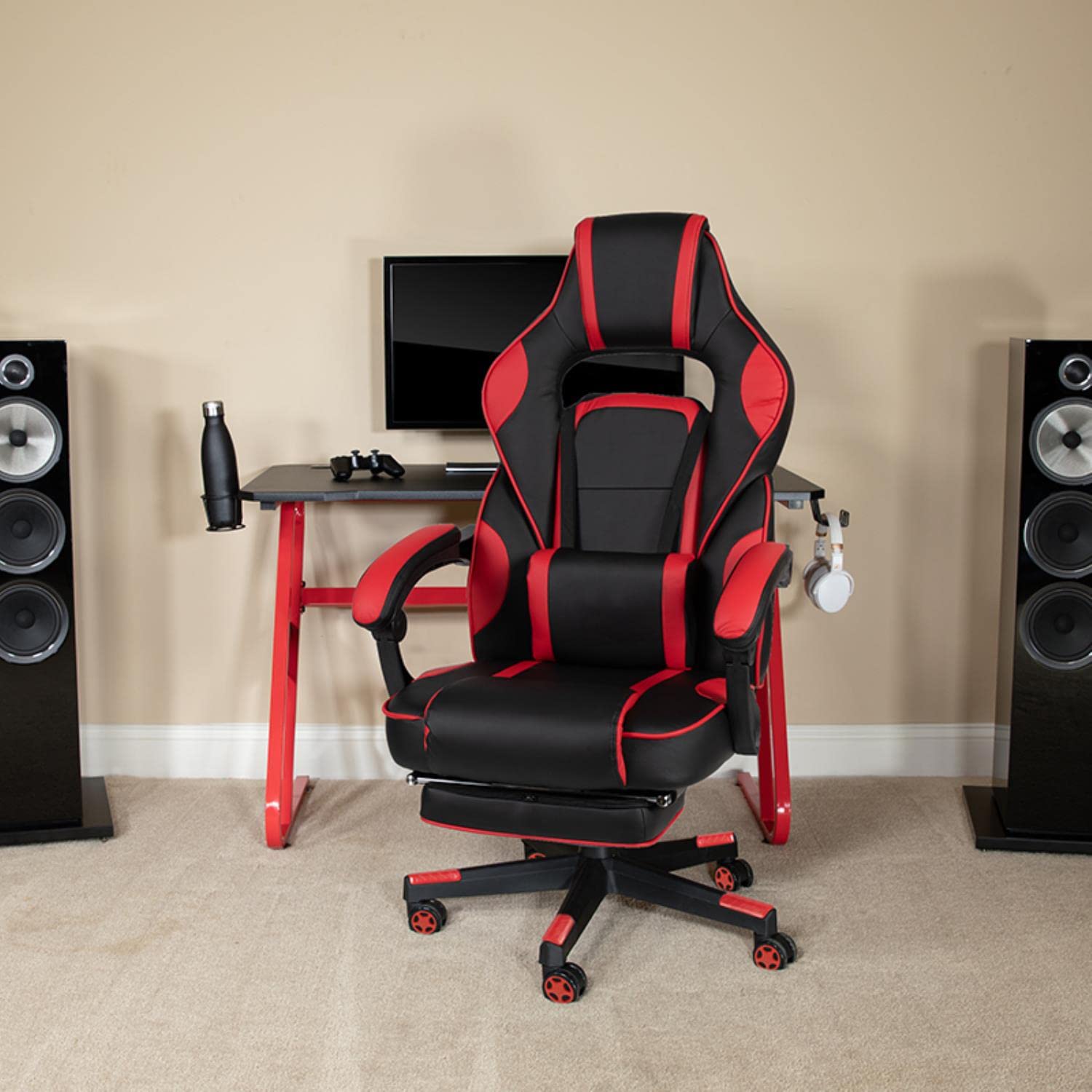 Flash Furniture Red Gaming Desk with Cup Holder & Headphone Hook - Red Reclining Gaming Chair with Footrest - Perfect for PC Gaming Setup, Esports & Home Office