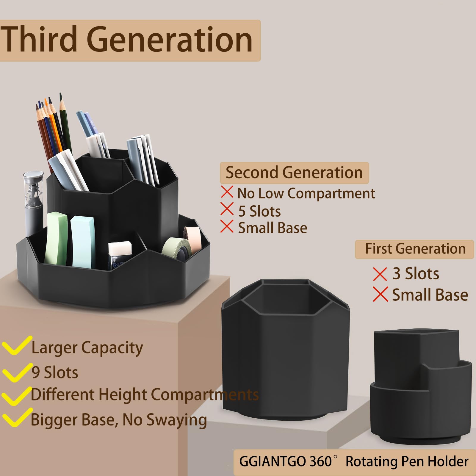 360° Rotating 9-Slot Pencil Pen Holder for Desk - Black Office & Home Stationery Organizer - Perfect for Art Supplies, School, and Workspace Organization