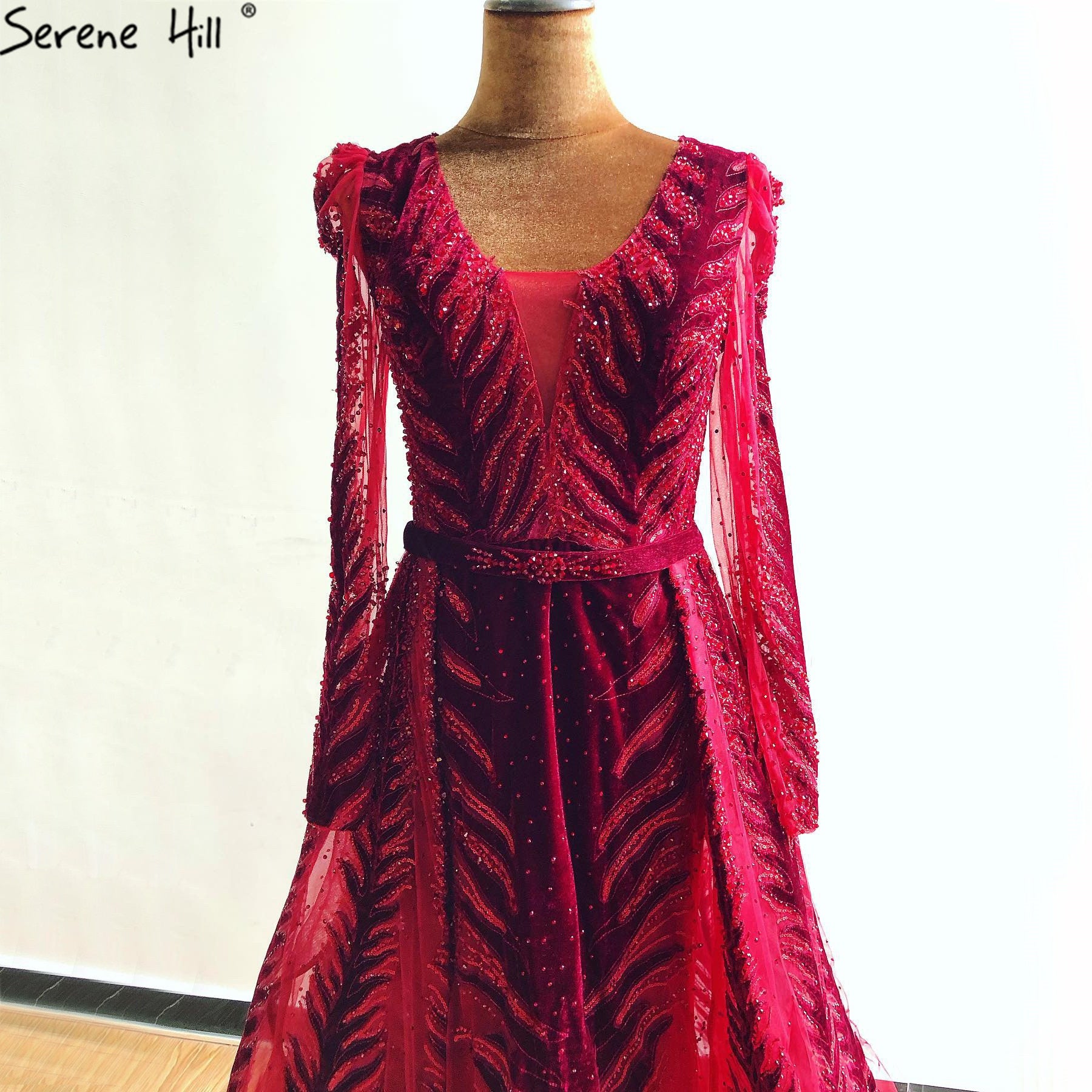Luxury Velvet Wine Red Evening Gown with Long Sleeves & Beading - Plus Size Formal Dress for Women 2025 - Elegant Prom, Wedding Guest, or Gala Event Attire