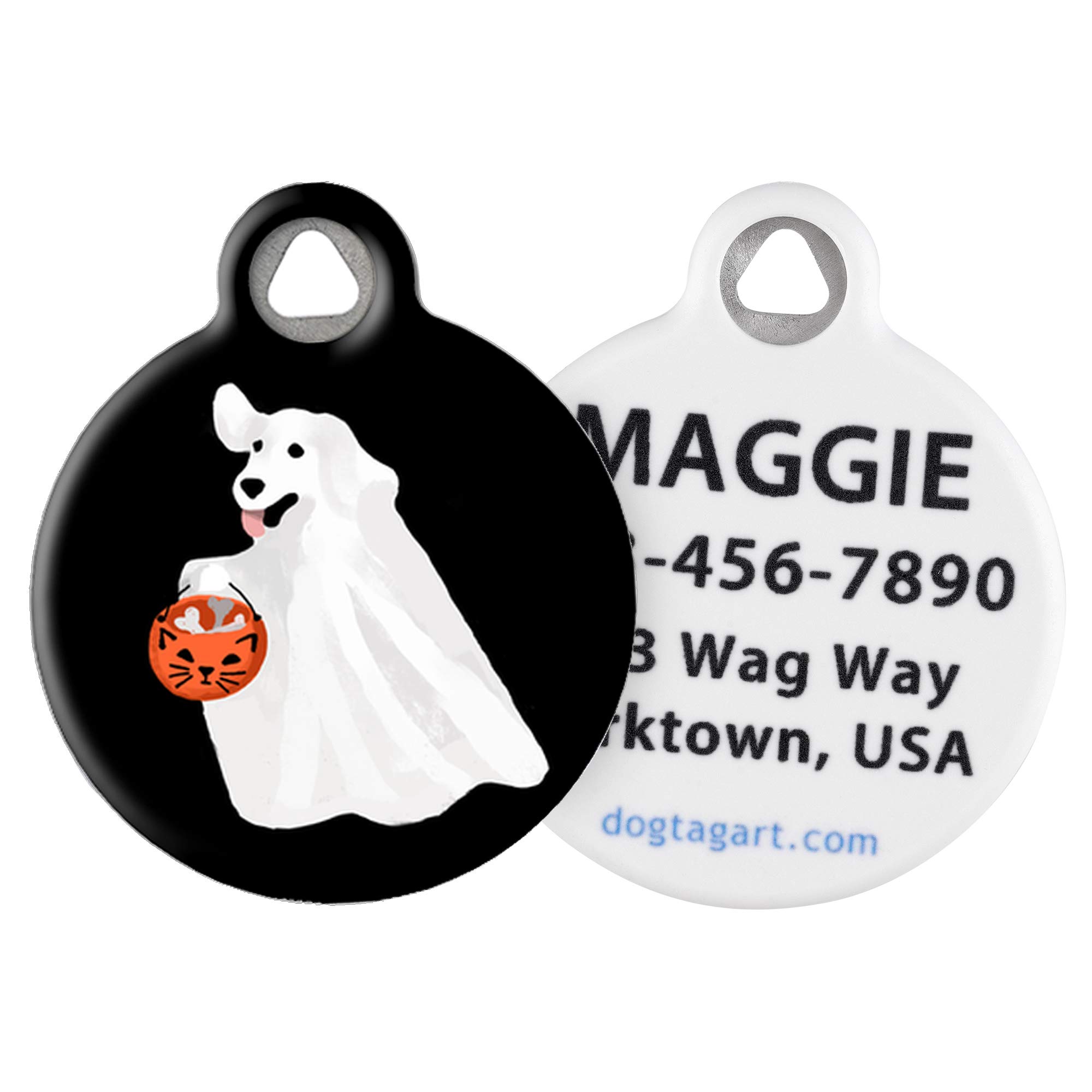 Custom Ghost Dog ID Tag for Pets - Personalized Halloween Dog & Cat Tags with Engraved Info - Small, Cute & Funny Pet Collar Accessory for Holidays, Parties & Everyday Safety