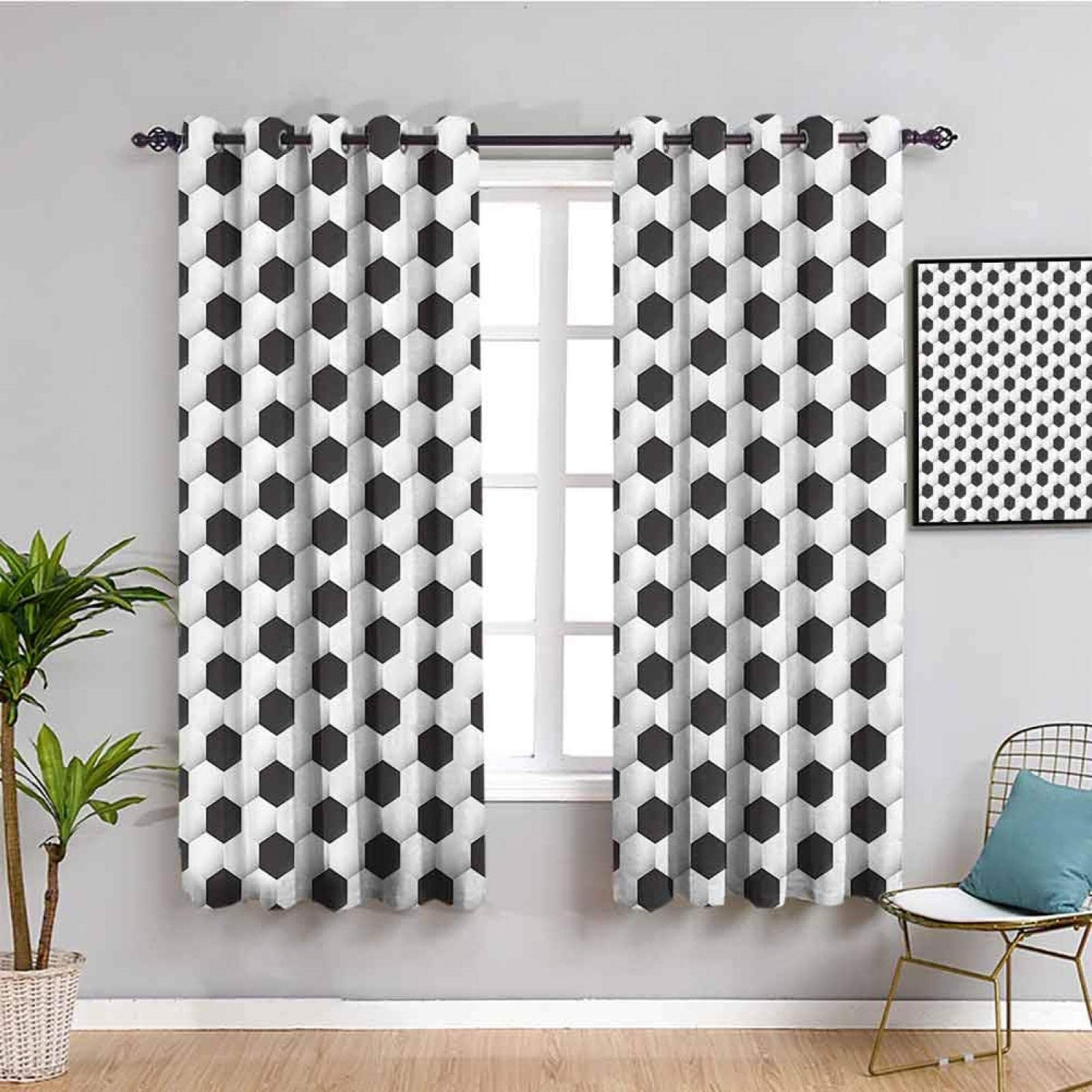 Blackout Soccer Ball Sport Curtains - Black & White Geometric 3D Printed Thermal Insulated Window Drapes (52x84 Inch, 2 Panels) for Bedroom & Living Room - Perfect for Game Rooms, Sports Themed Decor & Light Control