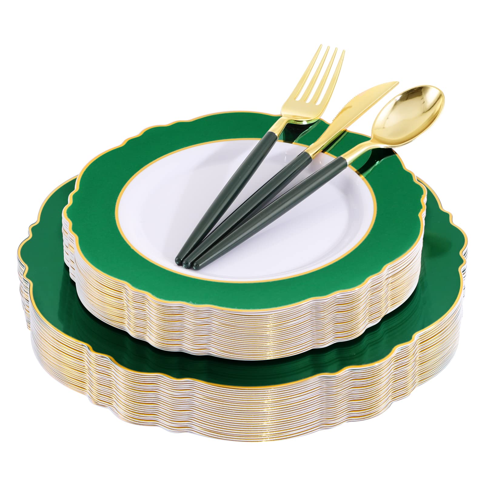 WDF 30-Pack Gold Christmas Plates Disposable with Green Handle - Elegant Baroque Plastic Dinnerware Set for Holiday Parties, Family Gatherings & Festive Celebrations
