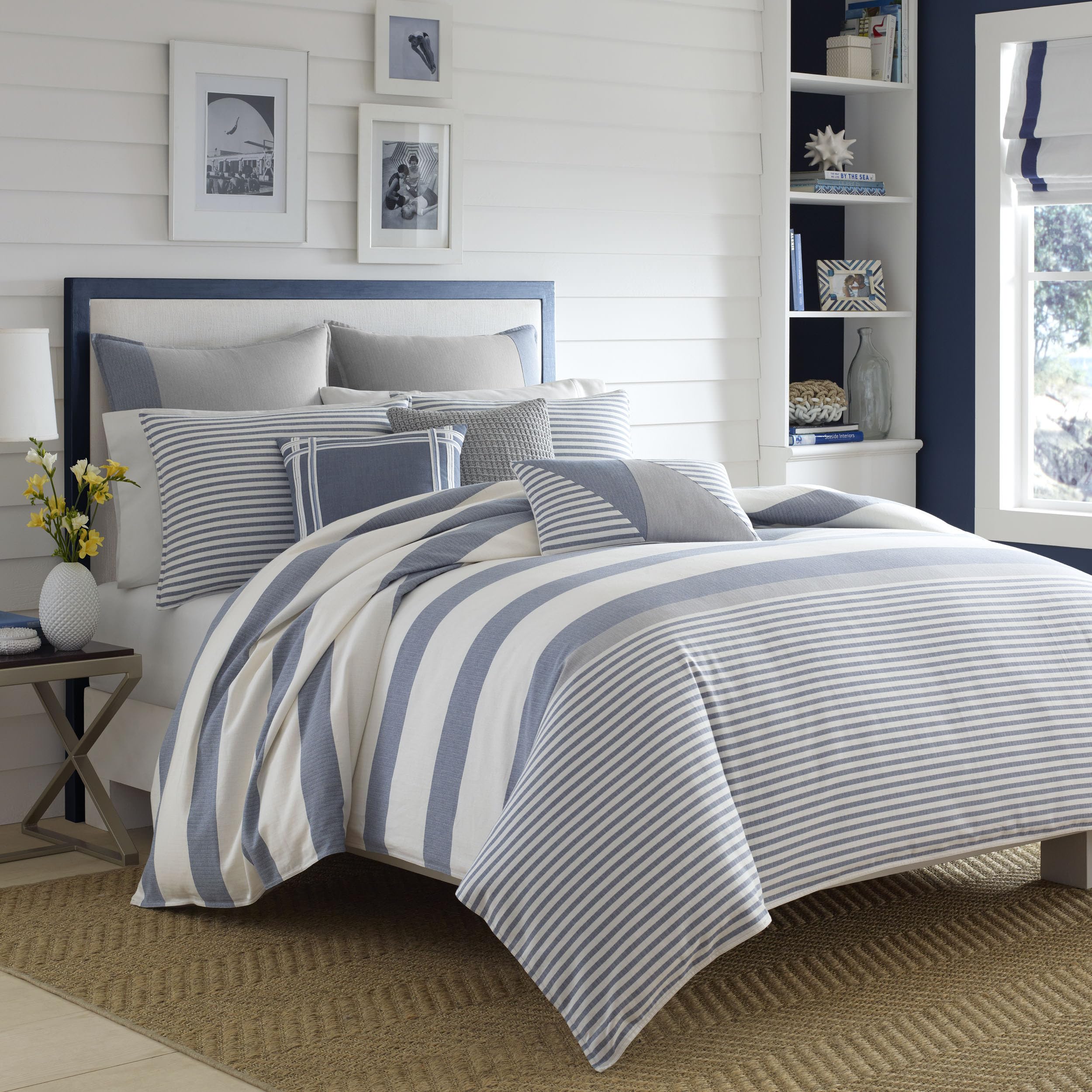 Nautica Queen Comforter Set - 100% Cotton Reversible Bedding with Matching Shams | Mediterranean Style All-Season Luxury Bedding for Master Bedroom & Guest Room (Fairwater Blue, Queen Size)