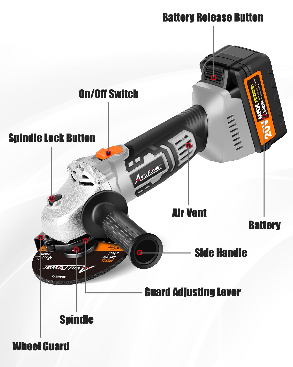 AVID POWER 20V Cordless Angle Grinder with 4-Pole Motor - Includes 3.0Ah Battery, Fast Charger, 4-1/2