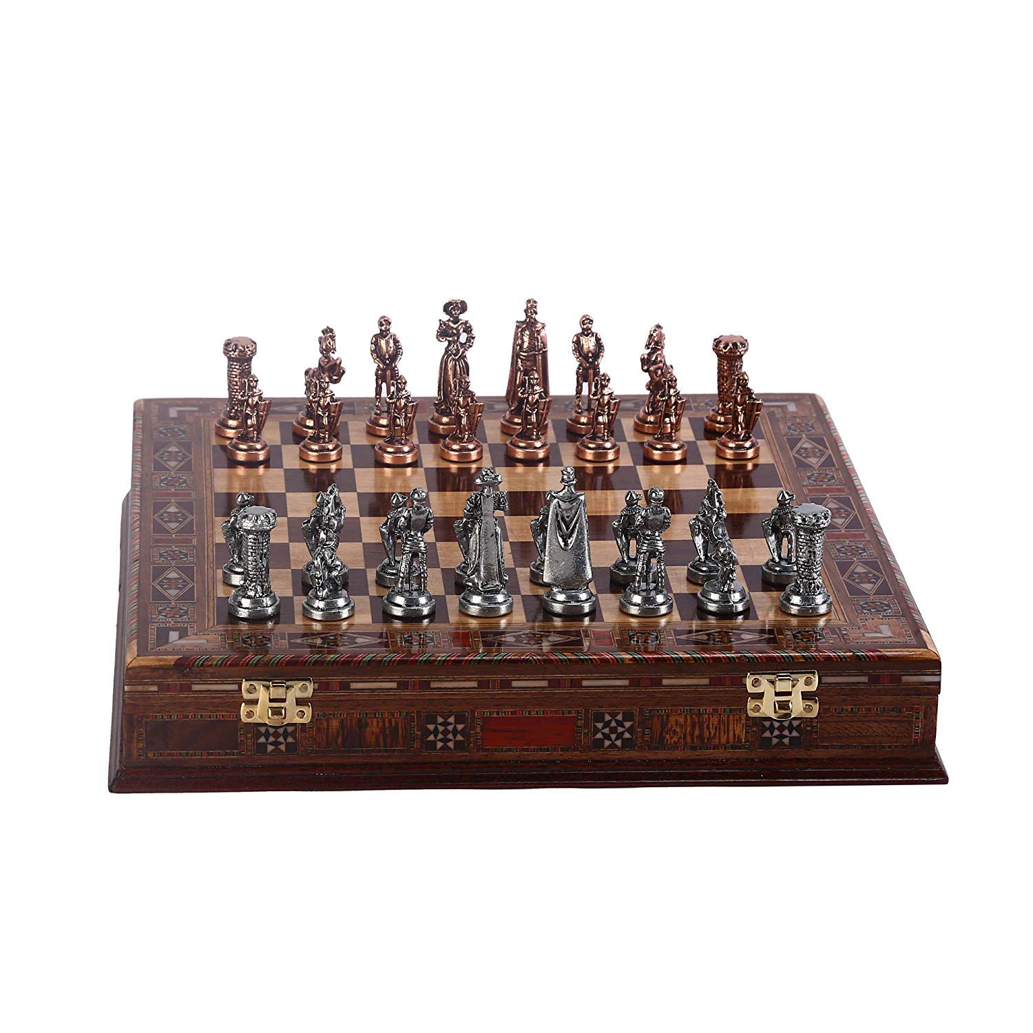 Handmade Medieval British Army Antique Copper Chess Set for Adults with Natural Solid Wooden Board & Pearl Inlay - 2.75