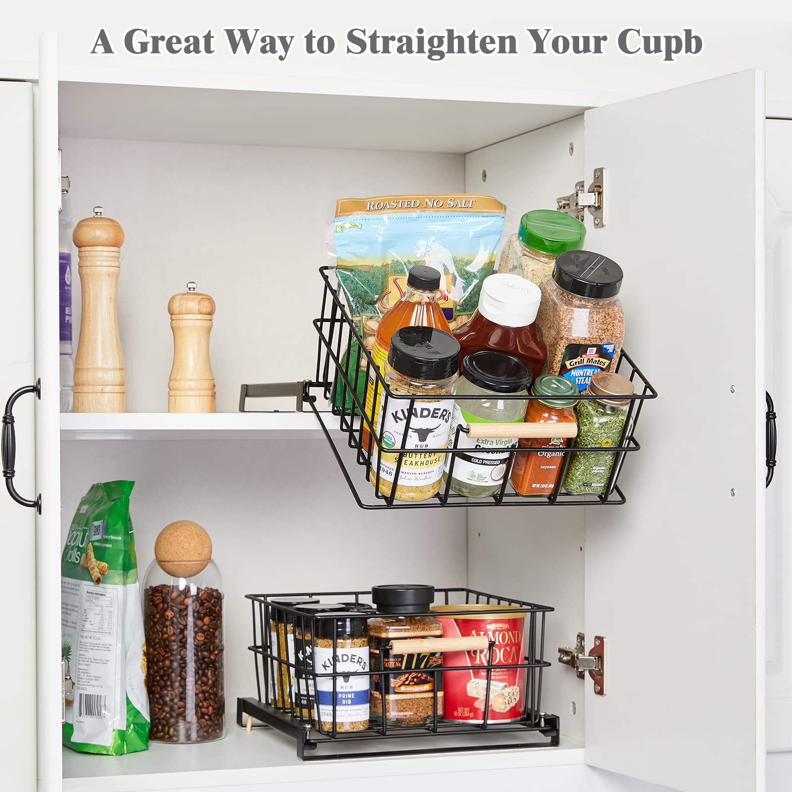 HOUSE AGAIN Pull Down Kitchen Cabinet Organizer - Drop Down Spice Rack for Easy Access in Pantry, Cabinet & Cupboard - Sliding Out Storage Basket for Upper Cabinets - Black Pull Out Drawer - Perfect for Small Kitchens & Organized Cooking Spaces