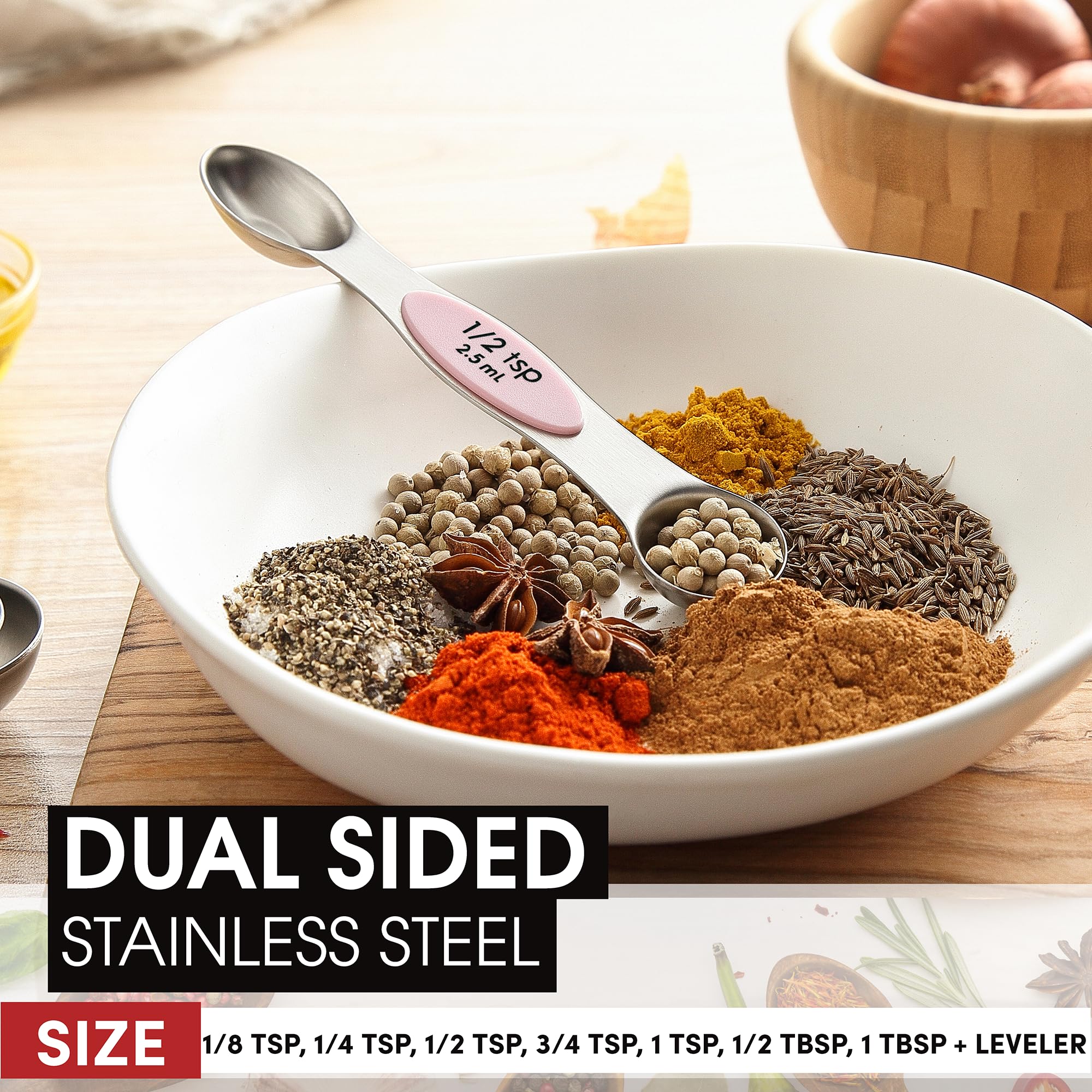 Spring Chef 8-Piece Stainless Steel Magnetic Measuring Spoons Set - Dual Sided Teaspoon & Tablespoon with Leveler, Strong Magnets - Perfect for Baking, Cooking & Meal Prep - Pink Lemonade Kitchen Gadgets