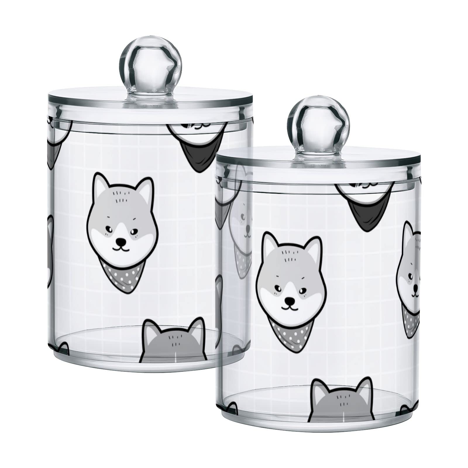 Japanese Shiba Inu Dog Face Pattern Plastic Storage Jars with Lids - Set of 4 (10oz) | Cute Black & White Translucent Food Containers for Tea, Cookies, Cotton Swabs | Perfect for Kitchen, Bathroom & Office Organization