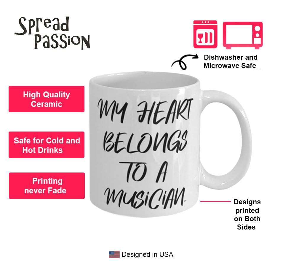 11oz & 15oz Cute Musician Coffee Mug - 'My Heart Belongs To a Musician' - Perfect Gift for Coworkers, Holiday Presents - Ideal for Coffee, Tea, Office Use & Music Lovers