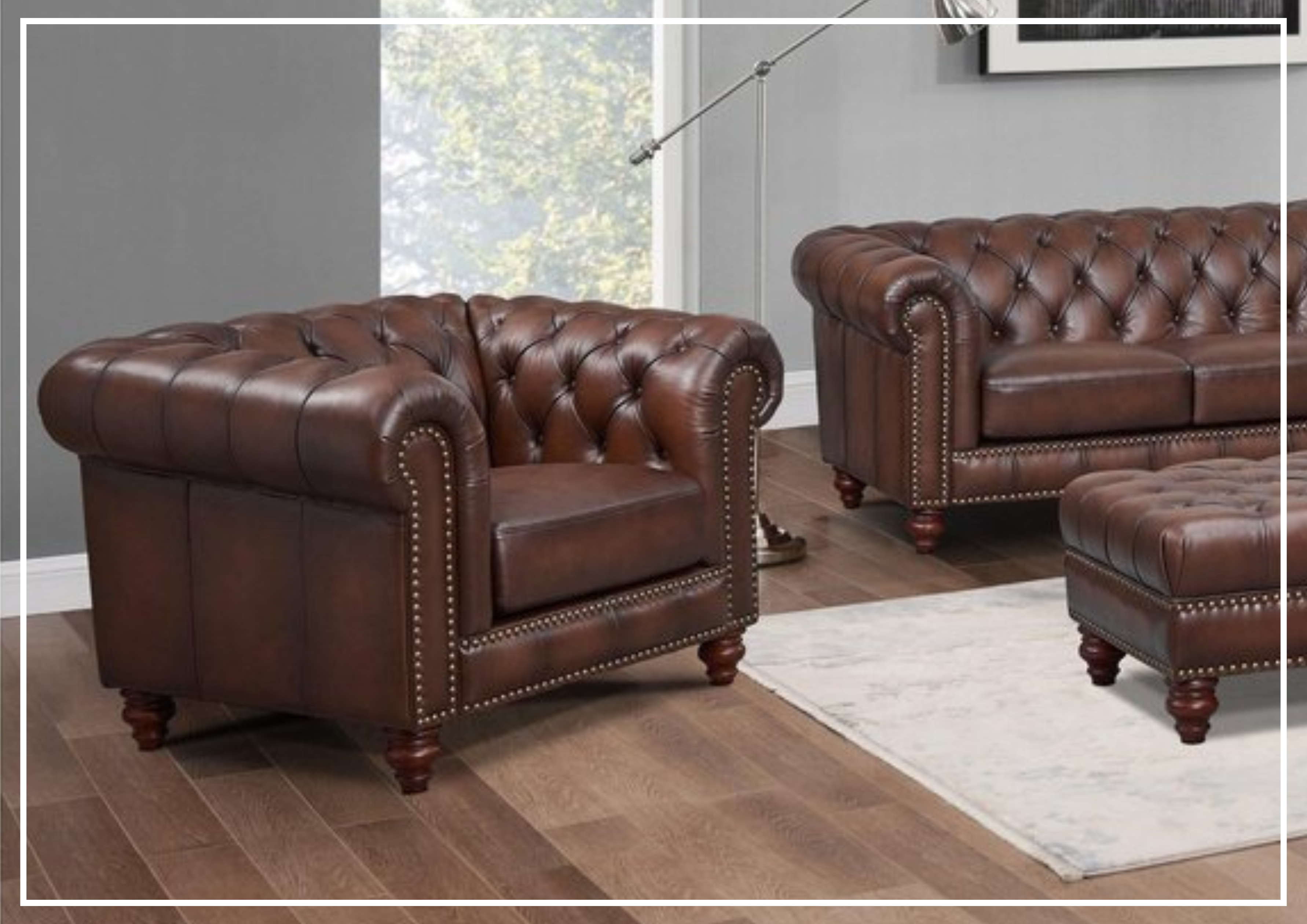Premium Hydeline Alton Bay Tufted Leather Chair with Nailhead Trim - Stylish Living Room Seating for Home Office & Lounge Comfort