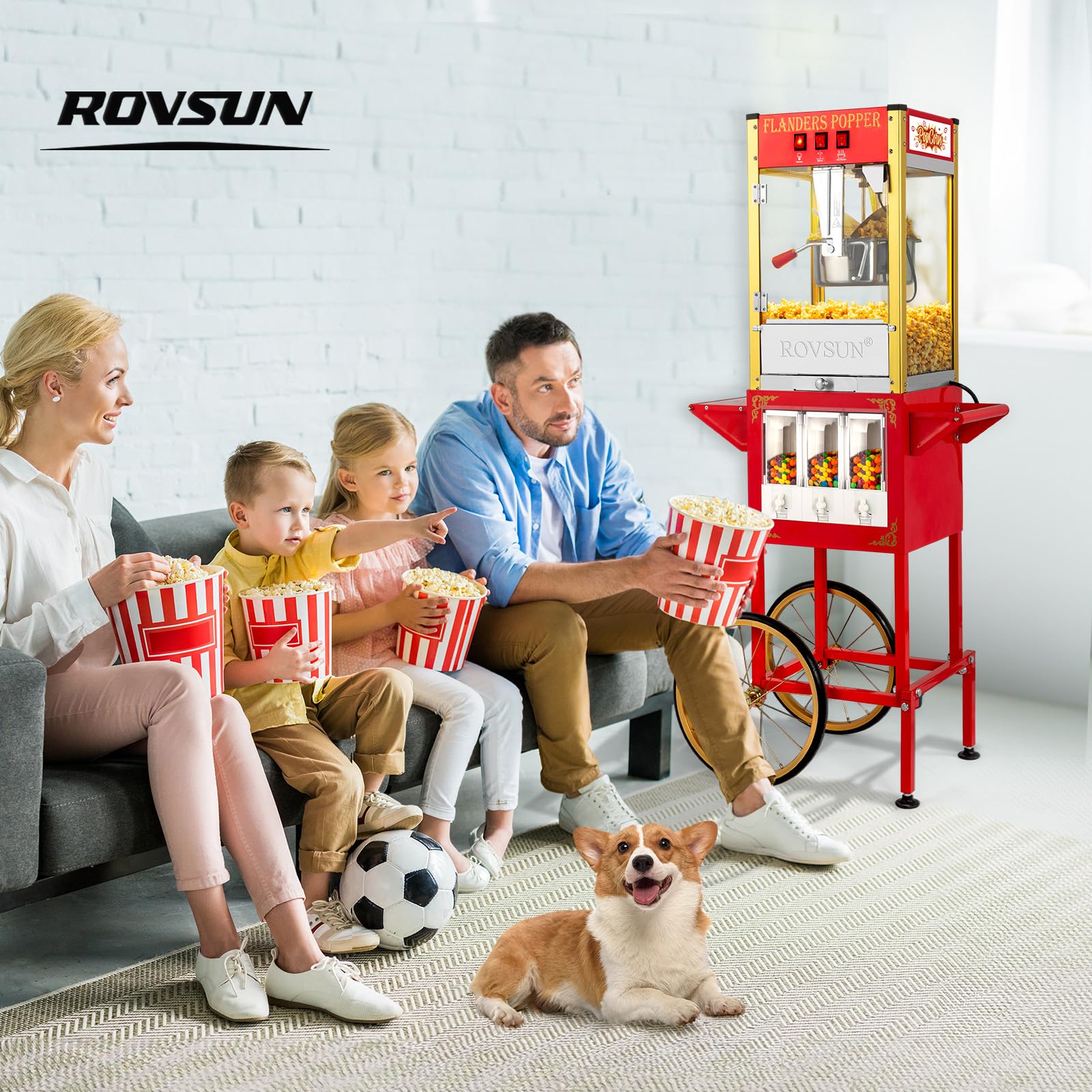 ROVSUN Commercial Popcorn Machine with Cart - 8 Oz Kettle Makes 32 Cups, Includes Wheels, Candy Dispensers, Stainless Steel Scoop, Oil Spoon & 3 Popcorn Cups - Perfect for Home Theater, Movie Nights, Parties & Carnival Events (Red)