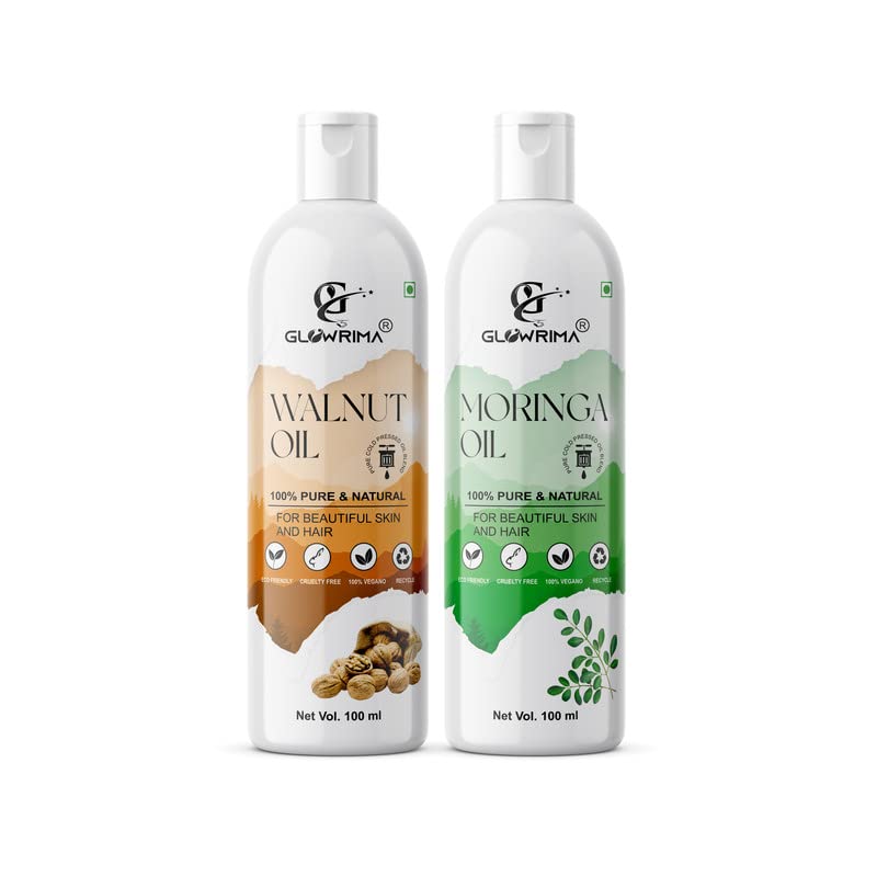 Glowrima 100% Pure Walnut Oil & Moringa Oil Combo (100ML Each) - Promotes Rapid Hair Growth, Reduces Hair Fall, Repairs Split Ends for Softer & Shinier Hair - Perfect for Daily Hair Care & Scalp Massage (Pack of 2)