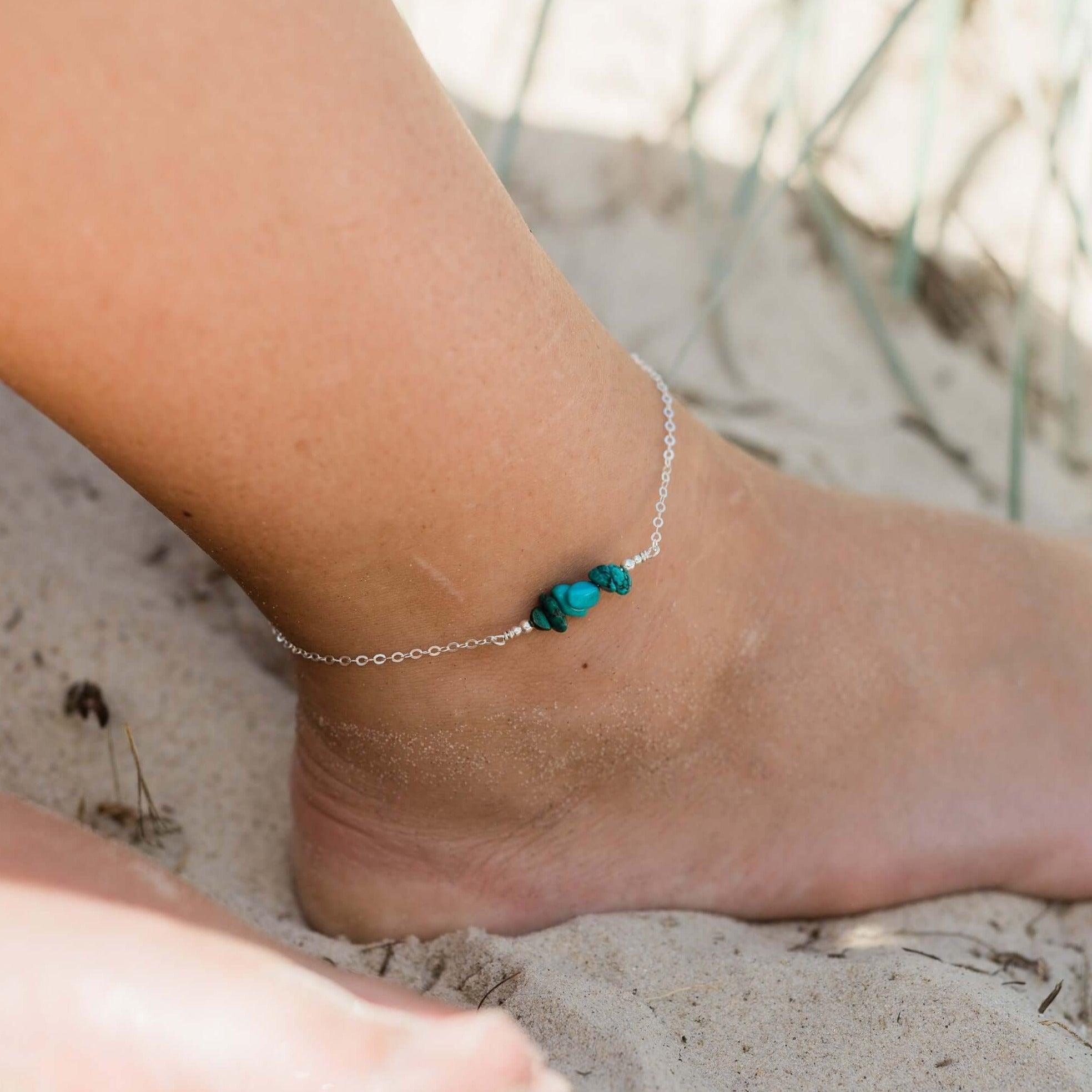 Turquoise Chip Bead Bar Anklet - Handmade Boho Ankle Bracelet for Women, Adjustable Summer Beach Jewelry | Perfect for Vacations, Music Festivals & Boho Fashion