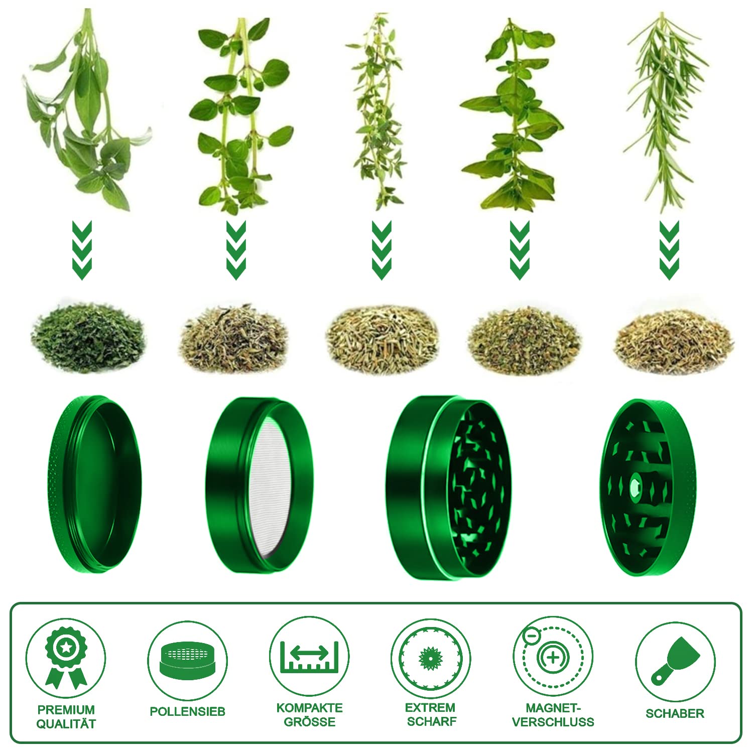 Premium 4-Piece Metal Herb Grinder - Spice, Coffee & Pollen Scraper Included - 63mm Diameter - Perfect for Kitchen, Travel & Outdoor Adventures