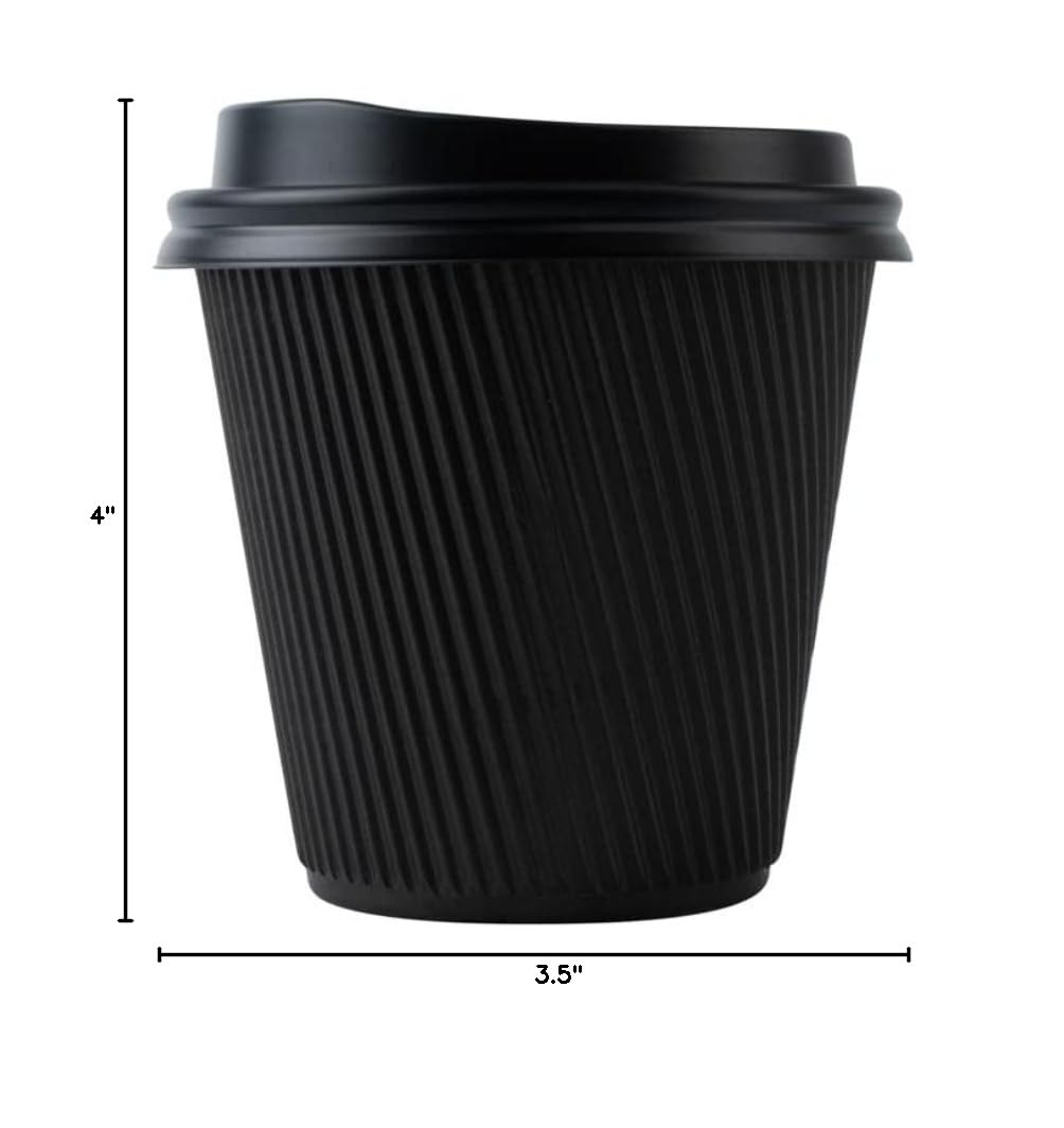 Restaurantware 8oz Insulated Coffee Cups with Lids - 400 Pack Leakproof Ripple Wall Hot Drink Cups | Disposable Black Paper Cups for Coffee, Tea, Hot Chocolate & Lattes | Perfect for Cafes, Offices & Catering Events