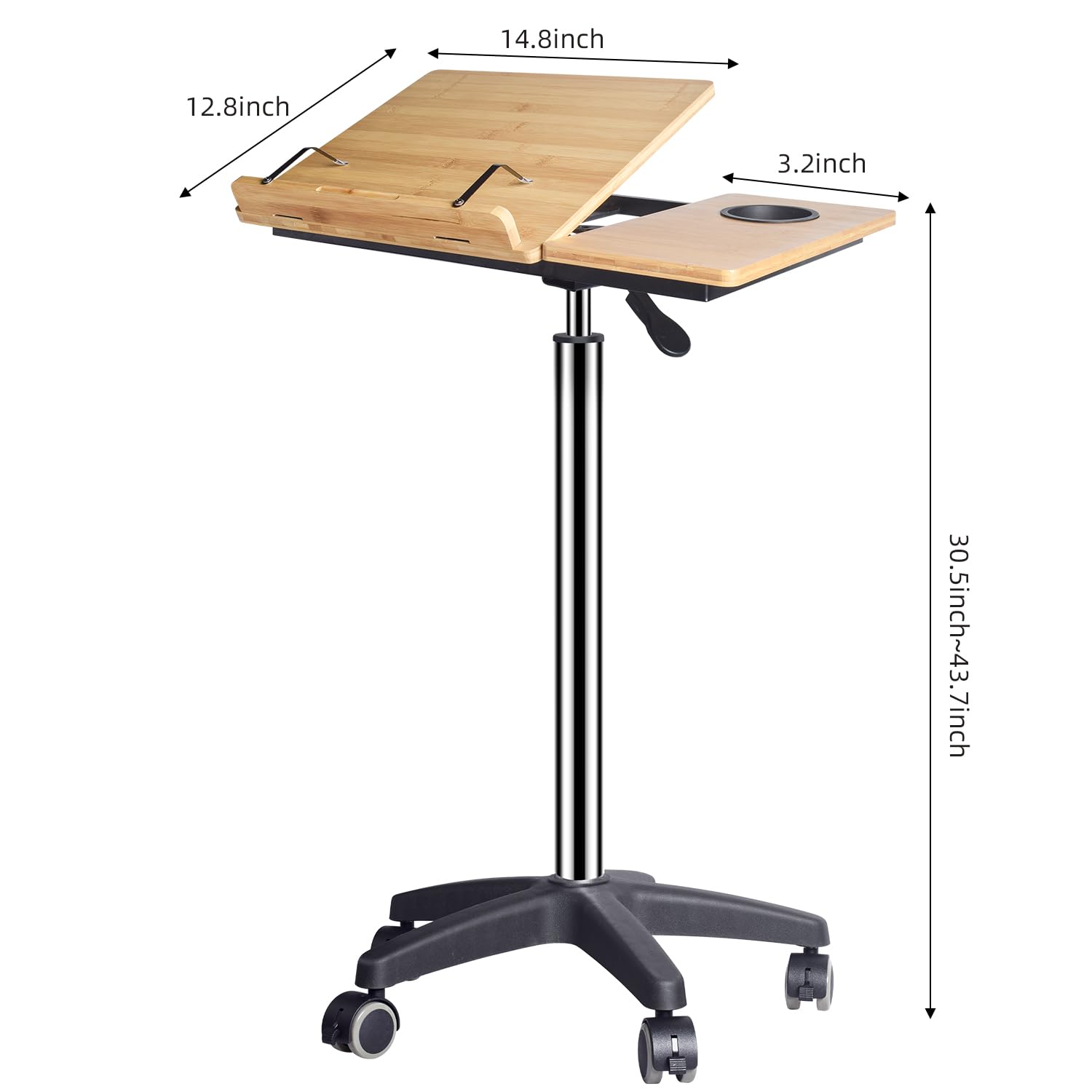 Wishacc Adjustable Rolling Podium Stand - Over Bed Table & Laptop Workstation with Wheels (30.5-43.7 inches) | Perfect for Home Office, Hospital Bed & Classroom Presentations