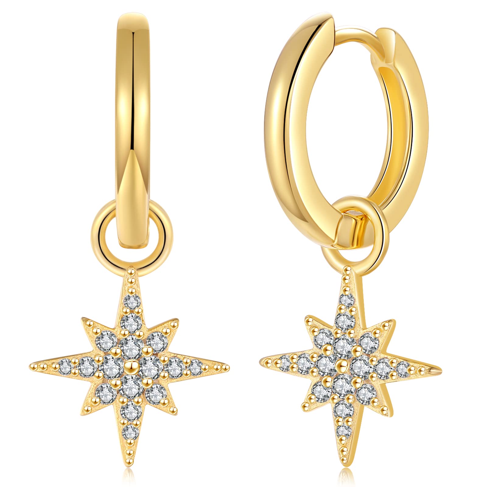 925 Sterling Silver Sparkling Star Earrings - CZ Star Drop Dangle Hoop Earrings Gold Plated for Women | Elegant Jewelry Gift for Birthday, Christmas, Anniversary | Perfect for Parties, Weddings, Date Nights