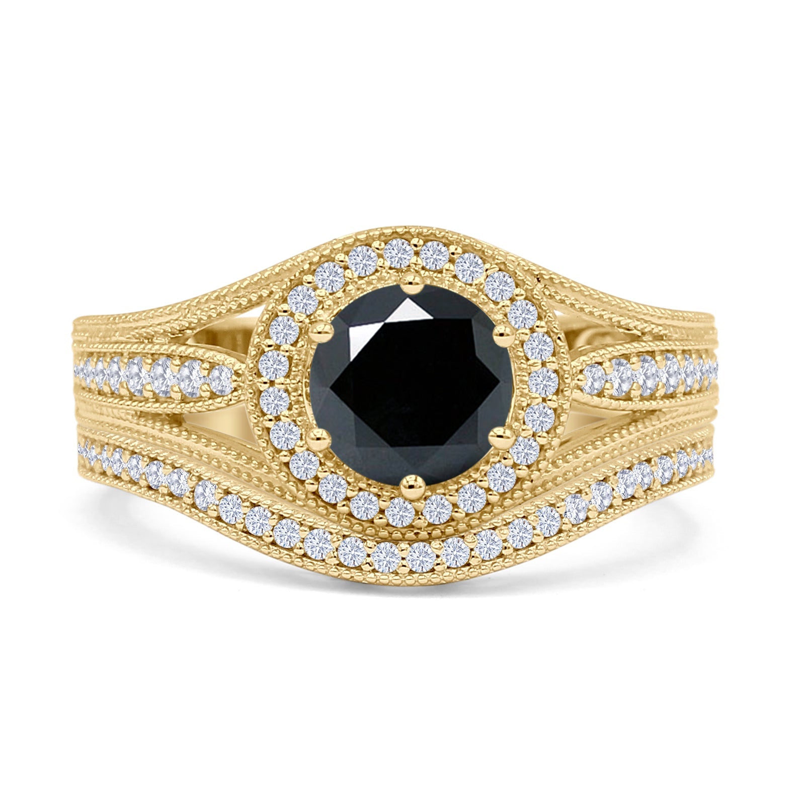14K Yellow Gold Two Piece Round Halo Split Shank Curved Contour Band Black CZ Ring for Women - Elegant Wedding, Engagement & Anniversary Jewelry Gift