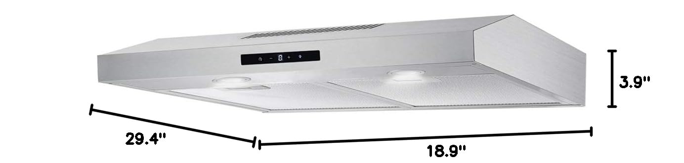 CAVALIERE 30 Inch Under Cabinet Range Hood - Ultra Slim Stainless Steel Kitchen Exhaust Vent with 200 CFM, 3 Speed Fan & Touch Control LED Lights - 3 Year Warranty - Perfect for Modern Kitchens and Small Spaces