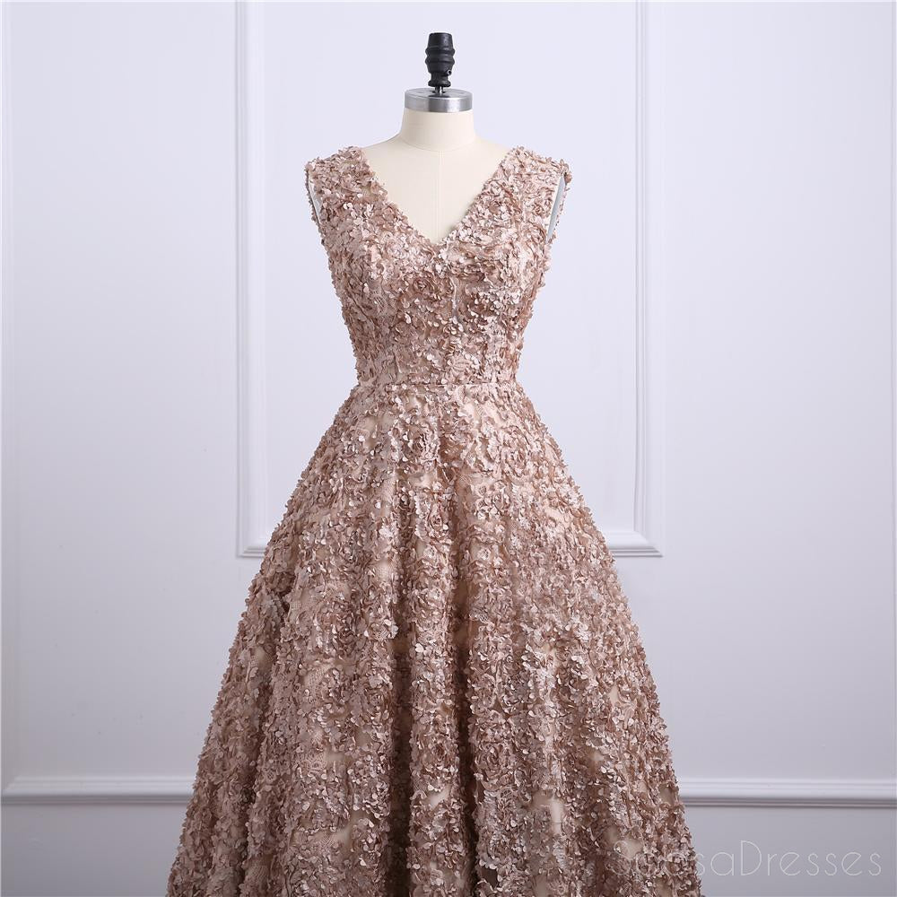 Elegant Brown Lace V-Neck A-Line Long Evening Prom Dress for Women | Formal Gown for Homecoming, Wedding, Party | Style 17243