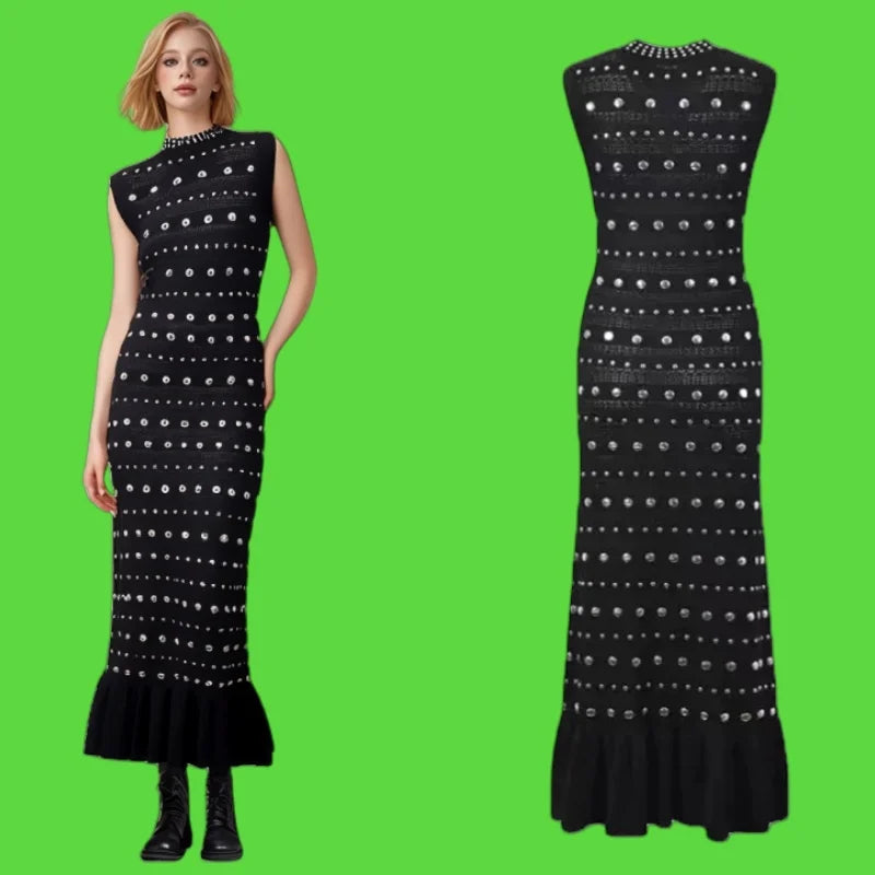 Black Diamond Sleeveless Ruffle Edge Knitted Dress for Women - Summer Red Elegant Round Neck Office Slim Wrap Hip Long Dress - Perfect for Work, Cocktail Parties & Date Nights