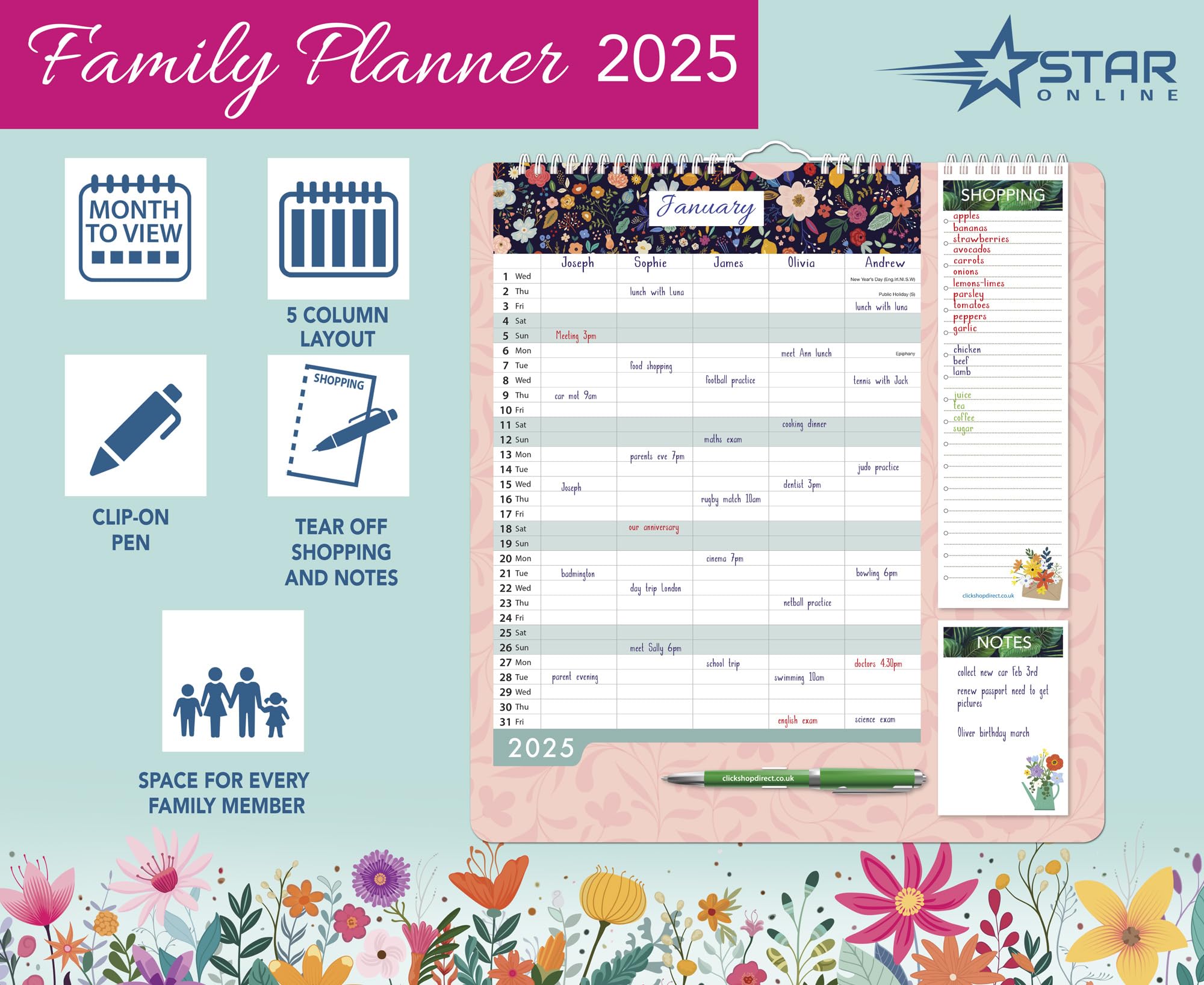 2025 Family Home Organizer Calendar - 5 Column Year Planner with Floral Leaf Design | Perfect for Home Office, School Planning & Gift Giving | Purple Flower Theme