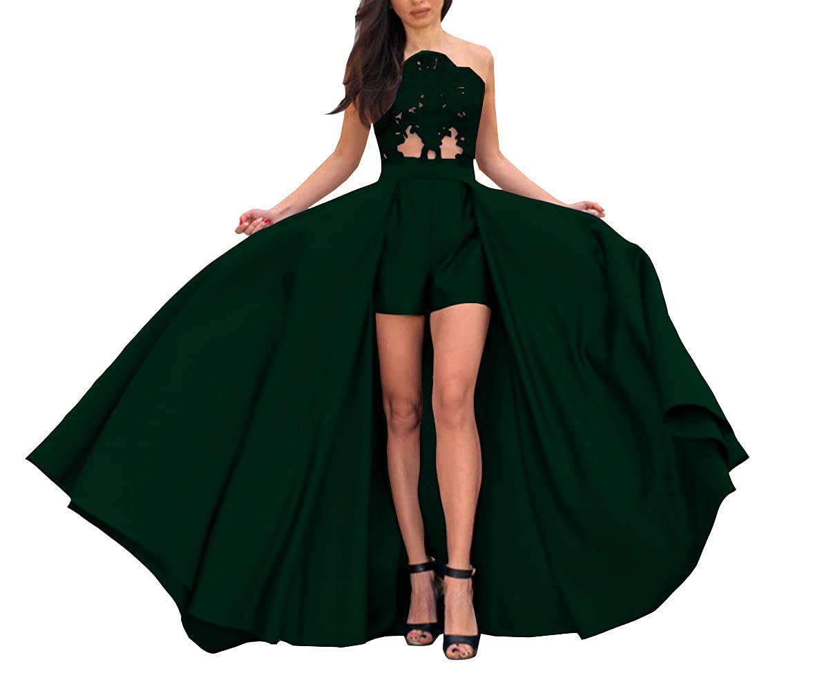 Elegant Yukale Women's Strapless Lace Applique Prom Party Gown Jumpsuit Evening Dress with Detachable Skirt - Perfect for Formal Events, Weddings & Special Occasions