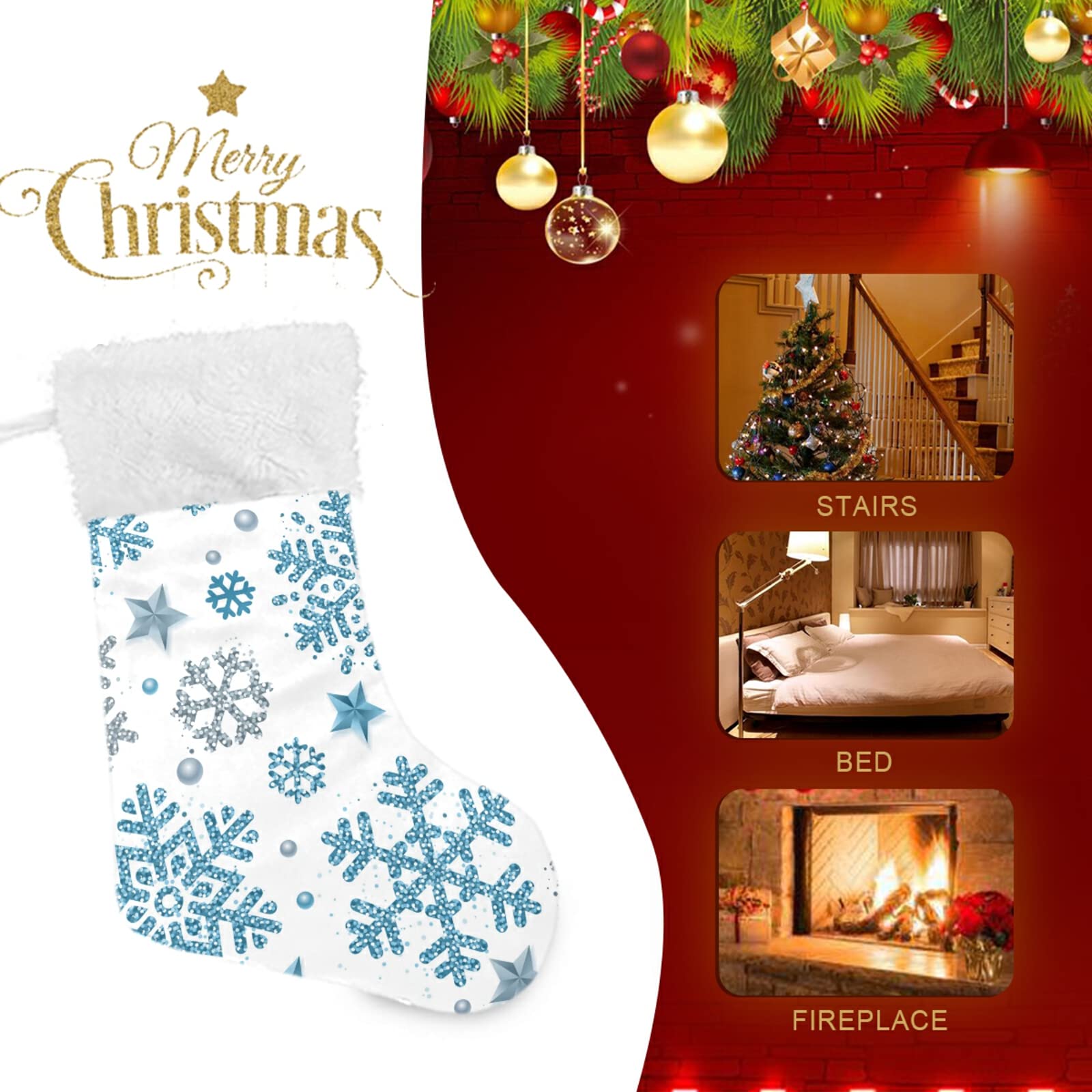 Christmas Stockings with Silver & Blue Glitter Snowflakes & Stars - 12