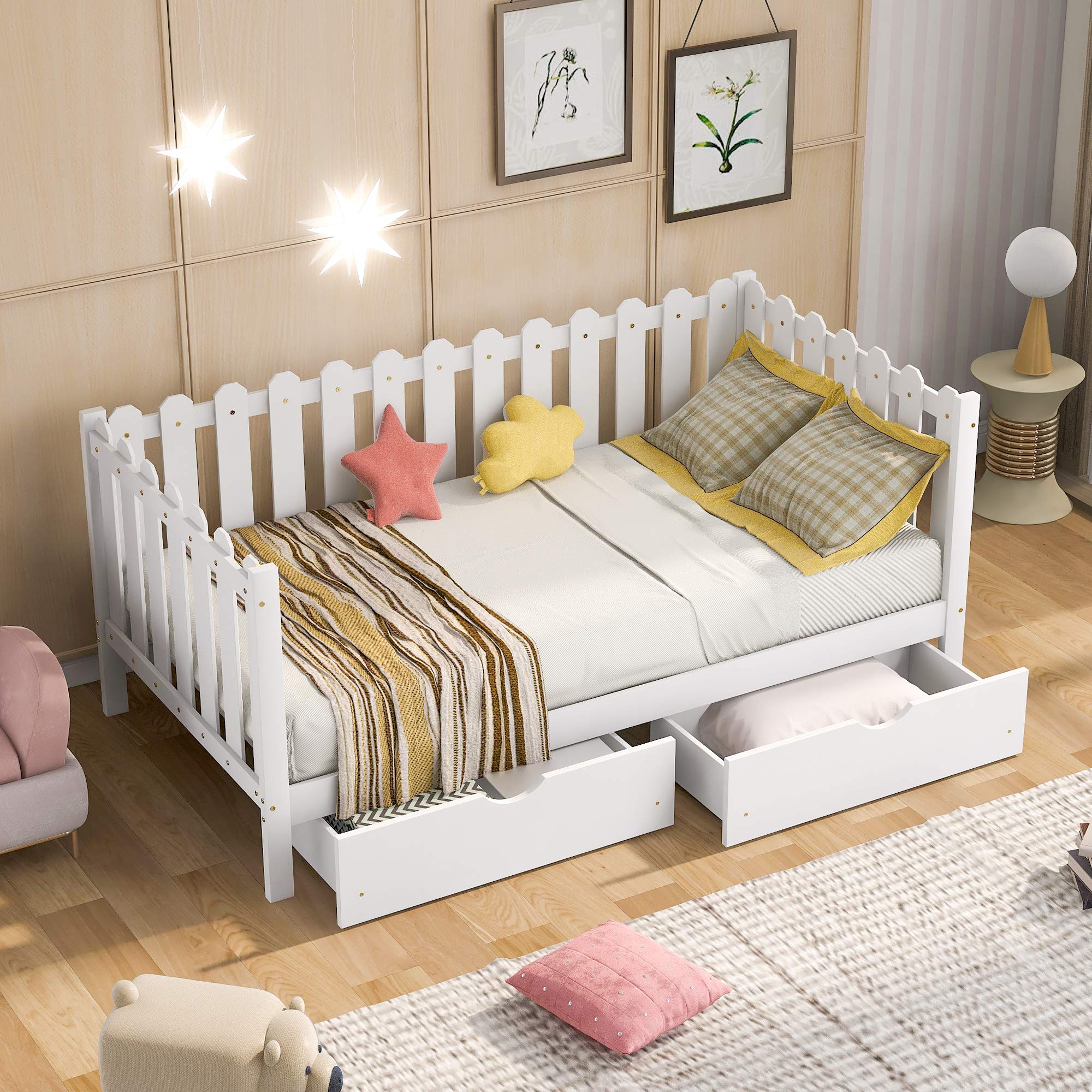 KLMM Twin Daybed with 2 Storage Drawers - Solid Wood Sofa Bed Frame for Small Spaces - Rustic Style Convertible Bed for Bedroom, Living Room or Guest Room (White) - Perfect for Apartments, Dorms & Home Offices