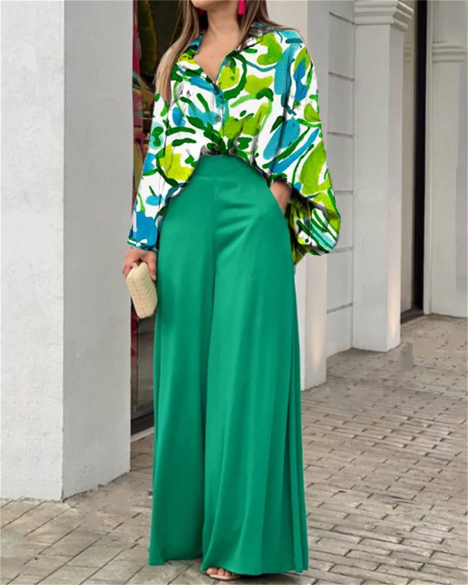 Women's Floral Print Button Down Shirt & Trousers 2-Piece Outfit Set | Summer Office Wear | Professional Work Attire & Business Casual Outfits