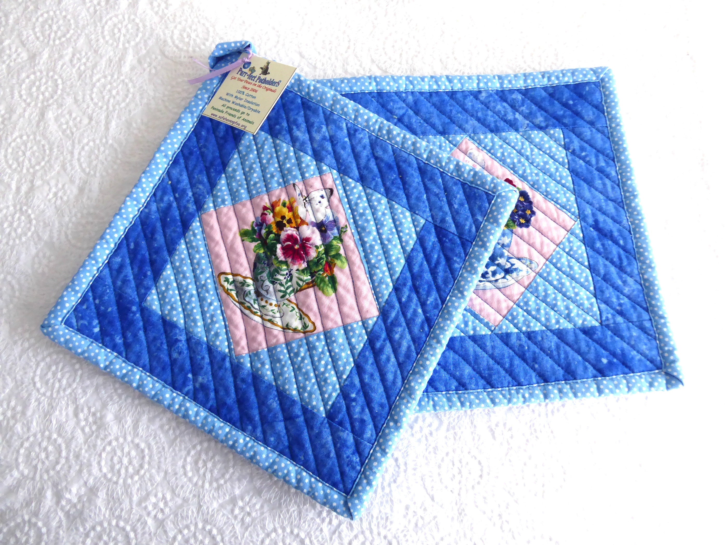Handmade Padded Teacup Themed Potholders Set of 2 - Blue & Pink Kitchen Mitts for Hot Dishes, Oven & Grilling - Supports Animal Charity | Perfect for Baking, Cooking & Serving Hot Meals