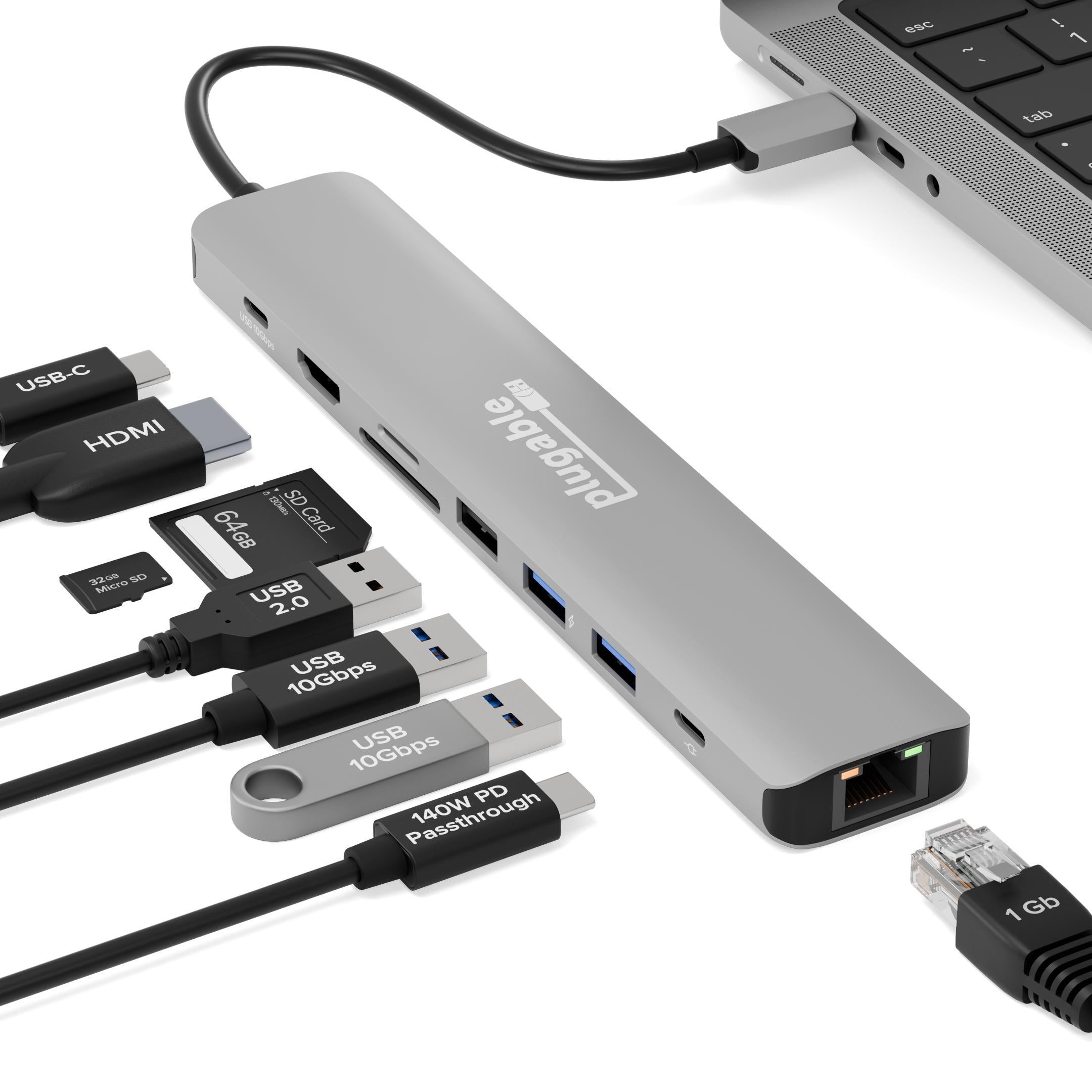 Plugable 9-in-1 USB C Hub with 4K HDMI, 140W PD Charging - Multi-Port Adapter for MacBook Pro/Air, iPad, Dell XPS - Perfect for Home Office, Travel & Video Conferencing