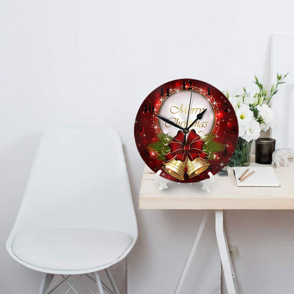 WONDERTIFY 10 Inch Silent Non-Ticking Christmas Wall Clock with Bells, Bow & Snowflakes - Battery Operated Round Decorative Clock in Red, Gold & Green - Perfect for Holiday Home Decor, Living Room, Bedroom & Christmas Gift
