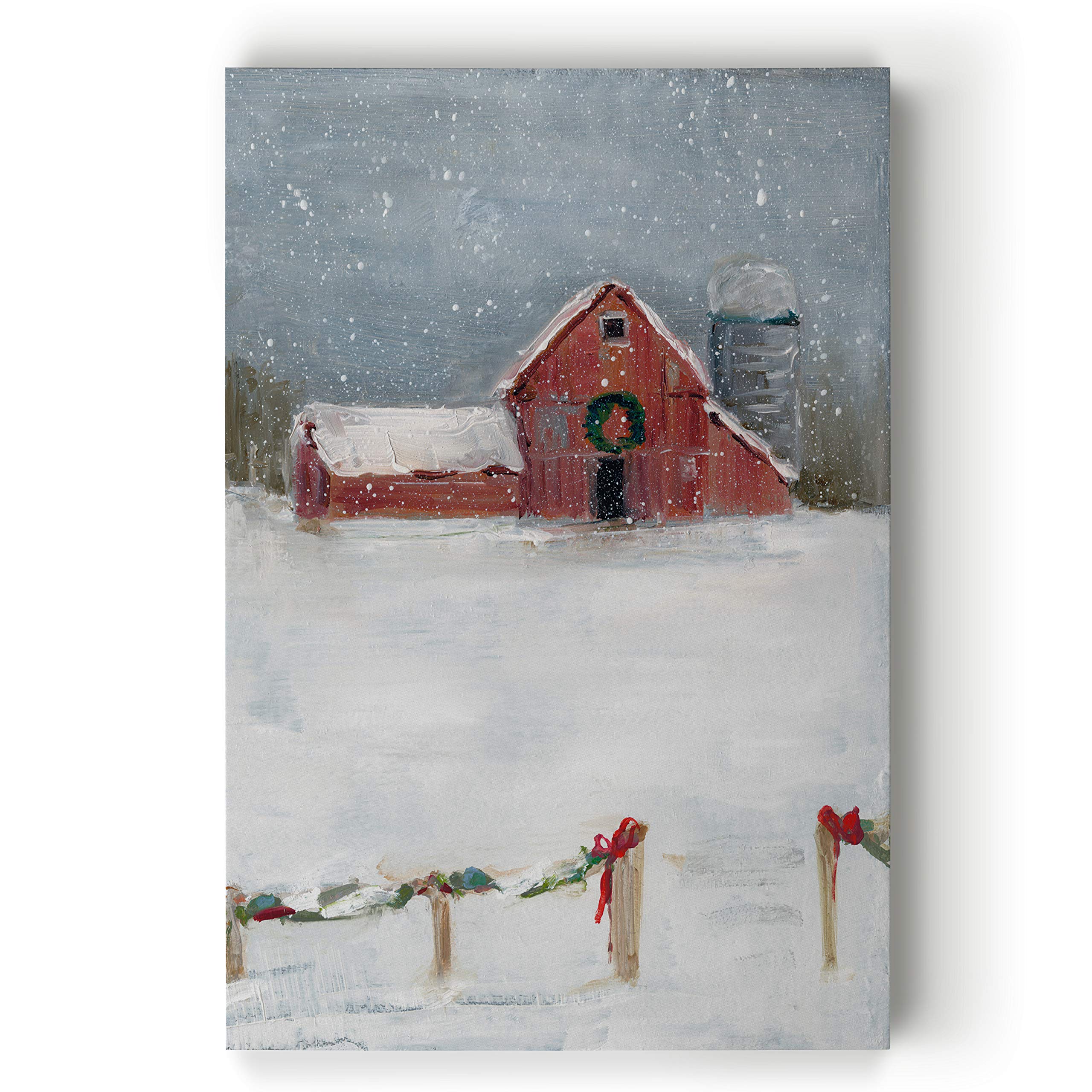 Vintage Abstract Farmhouse Christmas Wall Art - Red Snowy Barn Print for Home Decor, 24