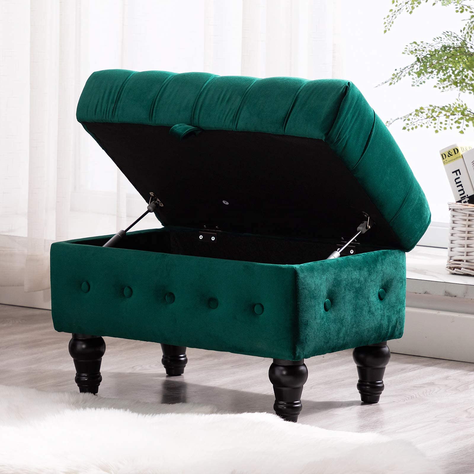 Artechworks Velvet Button Tufted Storage Ottoman - Green Upholstered Footstool with Hidden Storage for Living Room, Bedroom & Home Office | Multi-Functional Coffee Table Stool, Toy Box & Space-Saving Furniture | Perfect for Small Spaces, Reading Nooks & Nursery Organization