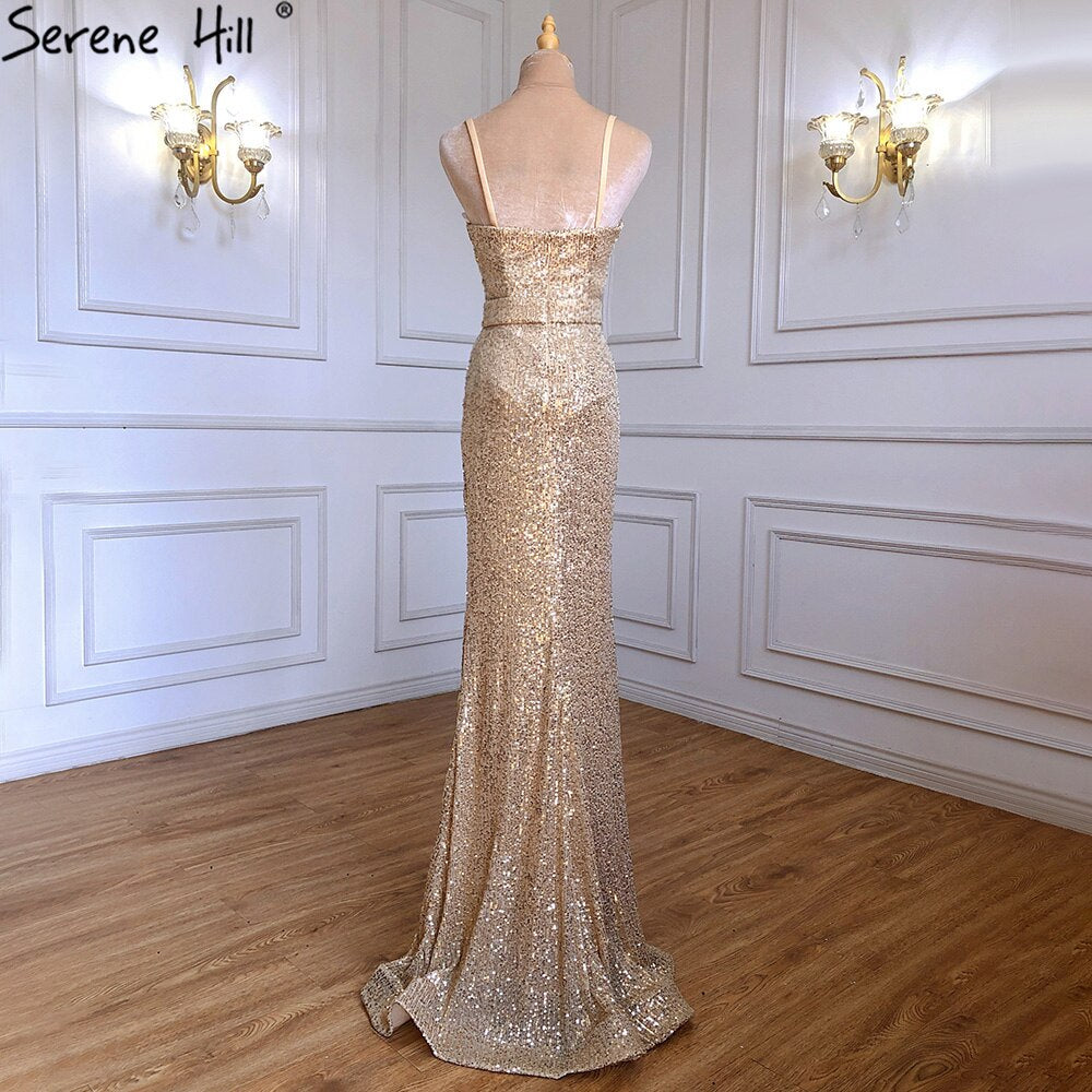 Elegant Gold Mermaid Evening Gowns for Women 2025 - Sparkly Spaghetti Strap Formal Dress for Prom, Gala & Special Occasions - Serene Hill Collection LA71419