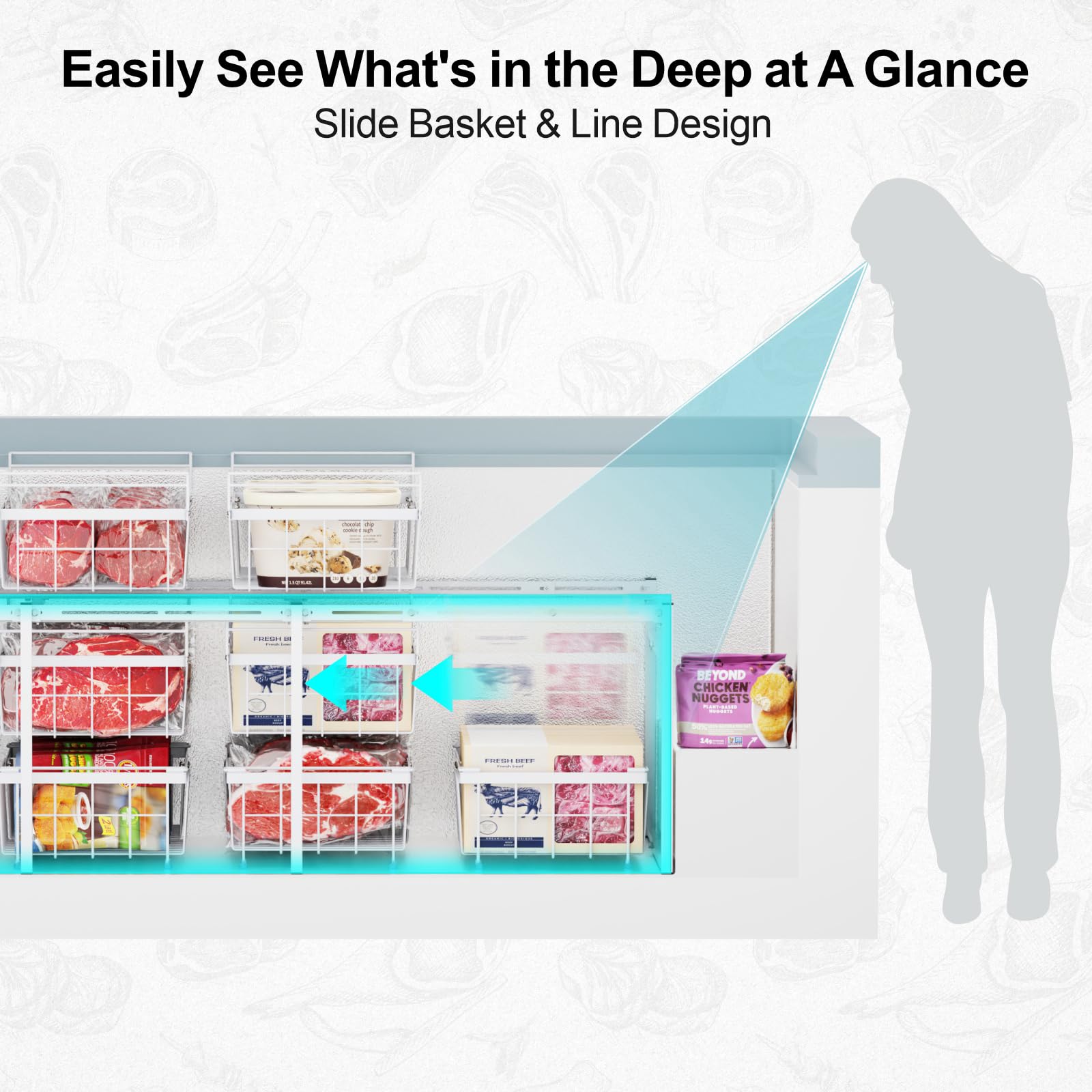 iSPECLE 25 Cu.Ft Large Chest Freezer with 7 Hanging Bins & 2-Tier Rack - Easy Slide Access for Home, Restaurant, or Commercial Use - Perfect for Bulk Food Storage, Meal Prep, and Business Needs