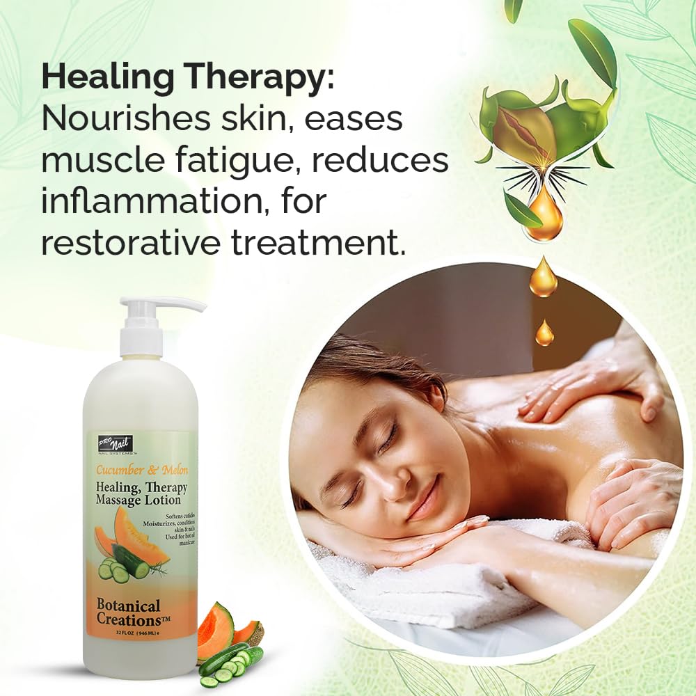 PRO NAIL - Cucumber Melon Healing Therapy Massage Lotion (32 Oz) - Professional Pedicure & Manicure Oil with Natural Oils, Vitamins & Amino Acids - Ideal for Spa, Salon & At-Home Nail Care Treatments
