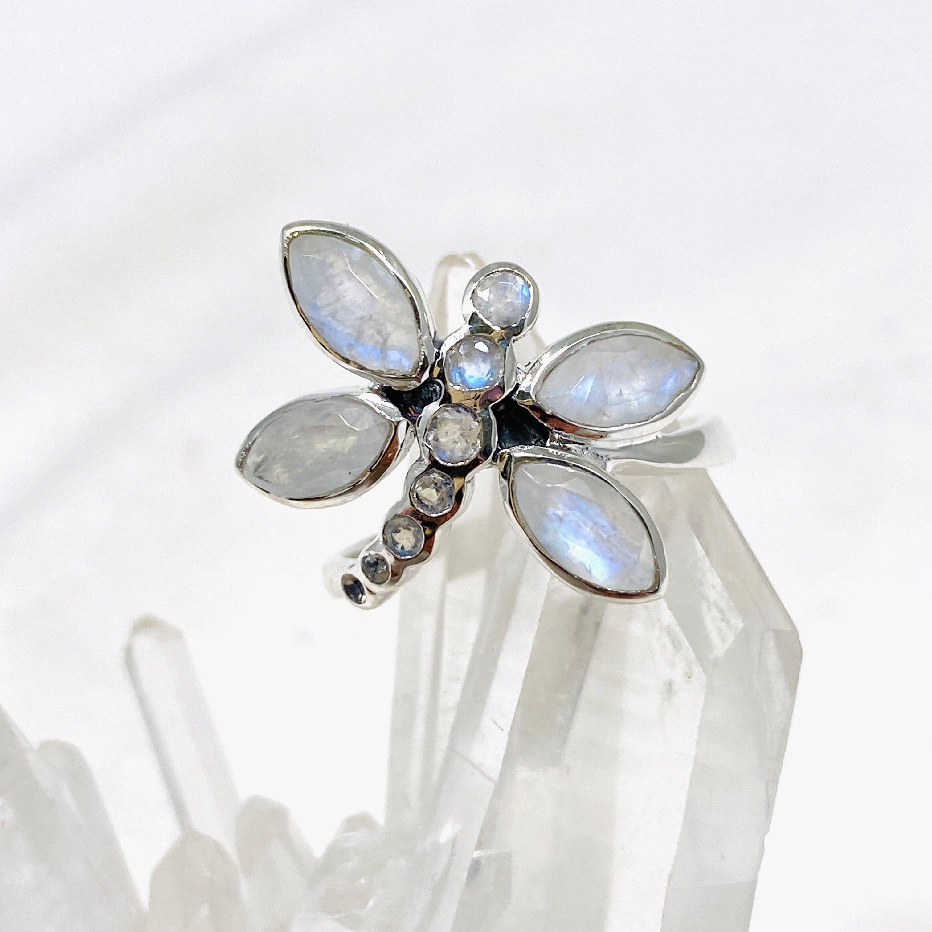 Faceted Moonstone Dragonfly Ring R3887 - Elegant Bohemian Jewelry for Women, Perfect for Weddings, Parties & Everyday Wear