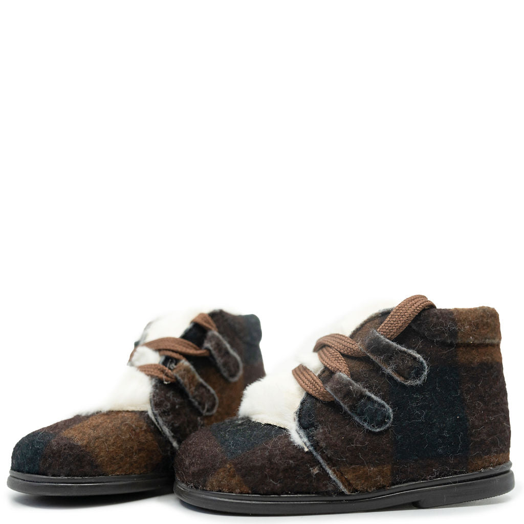 Papanatas Brown Plaid & Fur Baby Booties - Warm & Cozy Winter Booties for Infants & Toddlers - Perfect for Cold Weather, Outdoor Walks & Photo Shoots