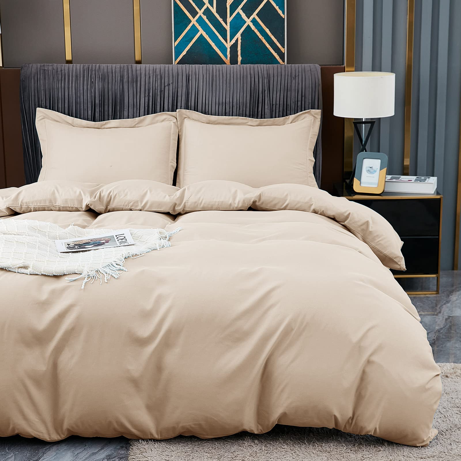 BBANGD Full Duvet Cover Set - Ultra Soft & Breathable Washed Microfiber 3-Piece Comforter Set with Zipper Closure (Includes Duvet Cover + 2 Pillow Shams) - Khaki - Perfect for Bedroom, Guest Room & Dorm Decor