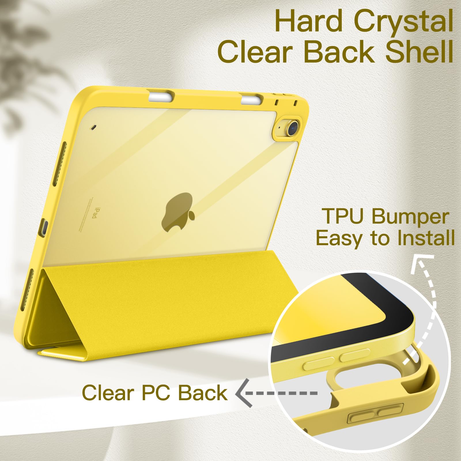 JETech Clear Shockproof iPad Case for 11th/10th Gen iPad (2025/2022 Model A16) with Pencil Holder & Auto Wake/Sleep - Slim Transparent Stand Cover in Yellow - Perfect for Work, School & Travel Protection