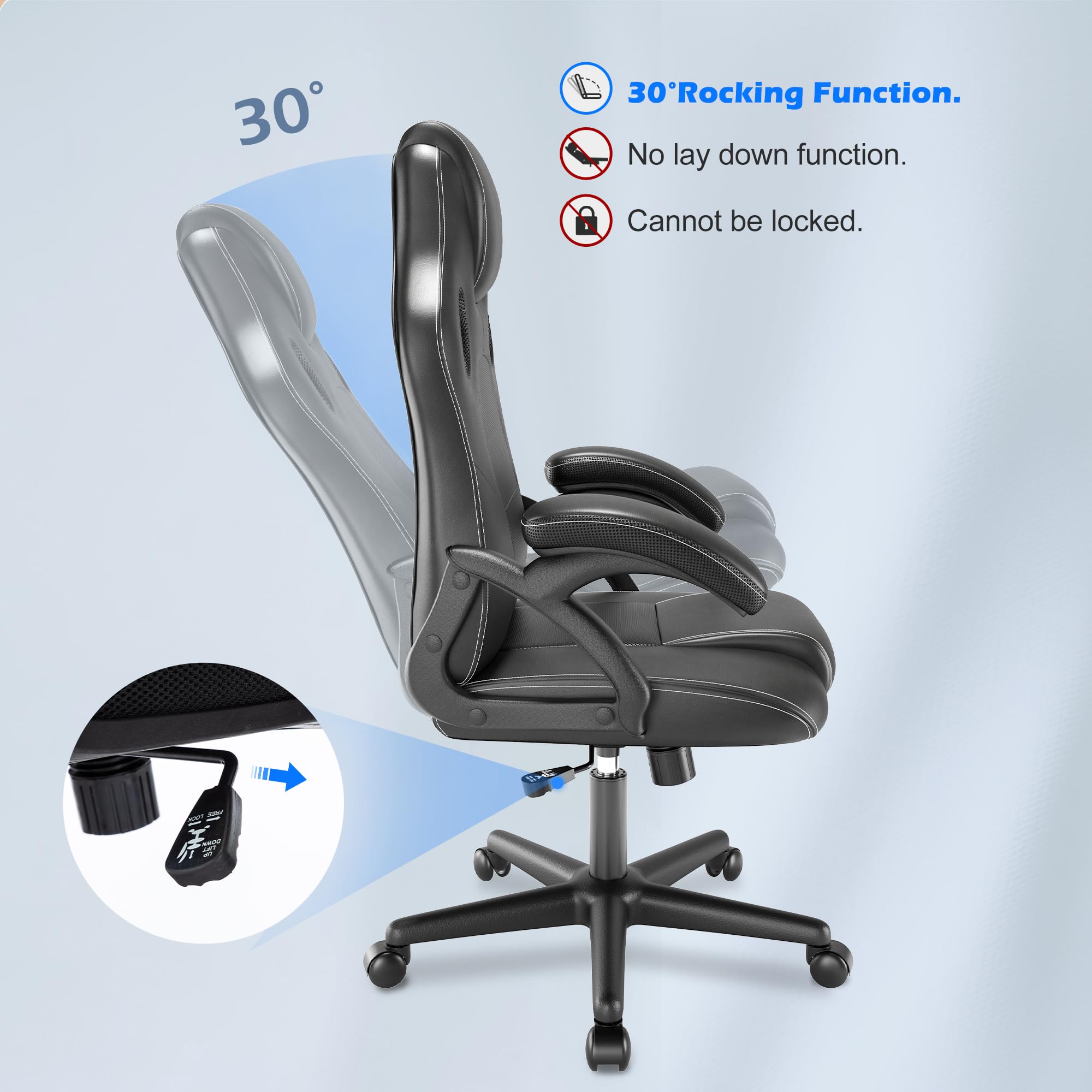 Ergonomic Gaming Chair - Black Leather Racing Style PC & Office Chair with Swivel Base for Computer Work & Desk - Perfect for Home Gaming, Work from Home & Office Use