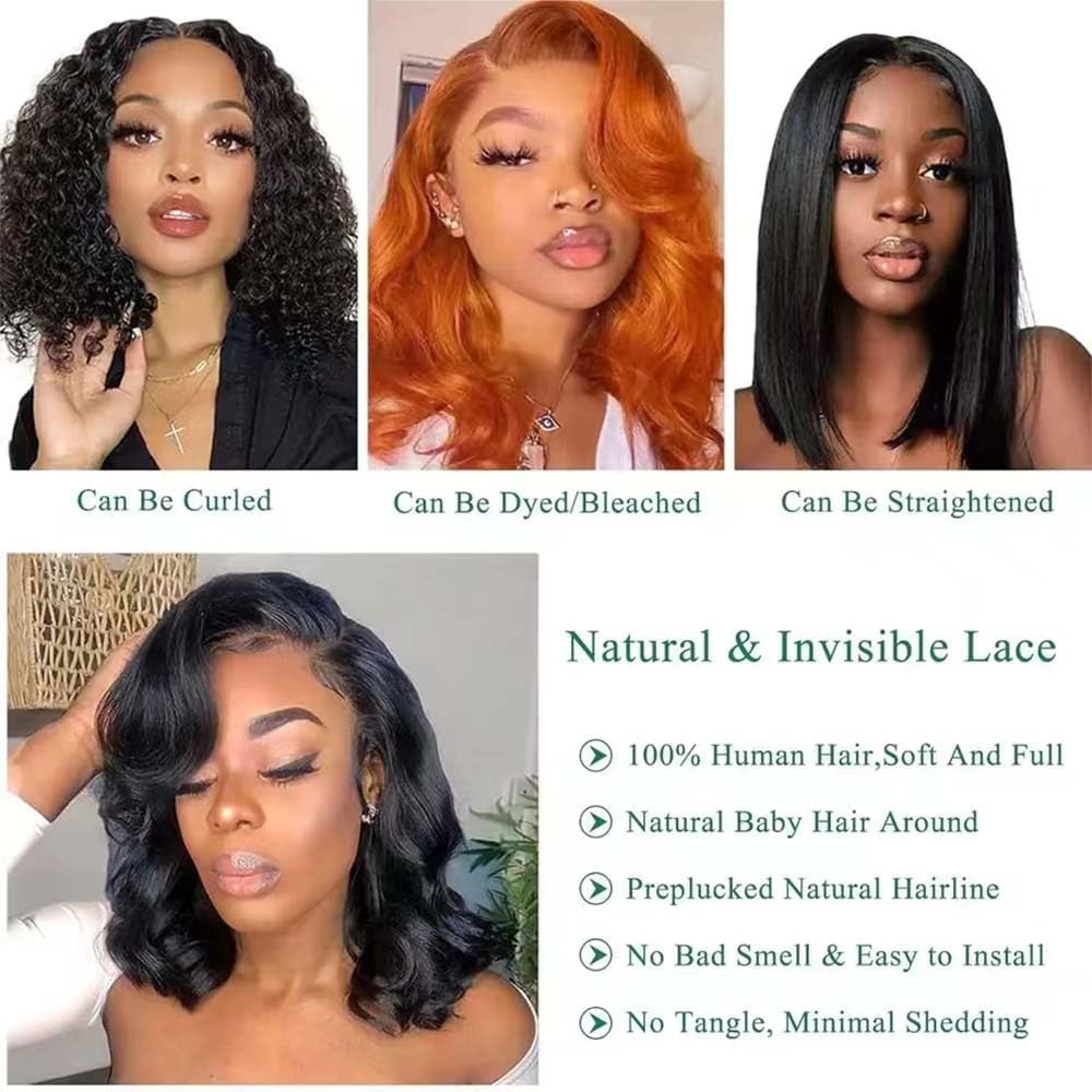 13x4 HD Lace Front Bob Wig - 180% Density Human Hair Body Wave Glueless Wig | Pre-Plucked Short Bob Wigs for Black Women | Natural Black Color 14 Inch | Perfect for Daily Wear, Parties & Special Occasions