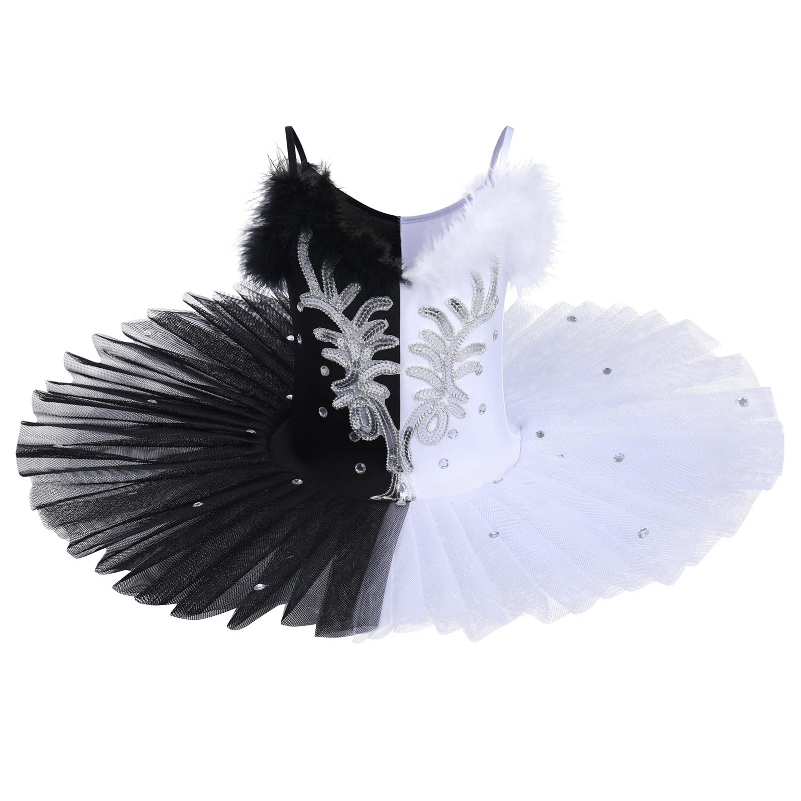 Black & White Swan Lake Ballet Tutu Dress for Toddler Girls - Feather Sequins Camisole Leotard with Hard Organdy Platter Skirt - Perfect for Ballet Performances, Dance Recitals & Themed Birthday Parties