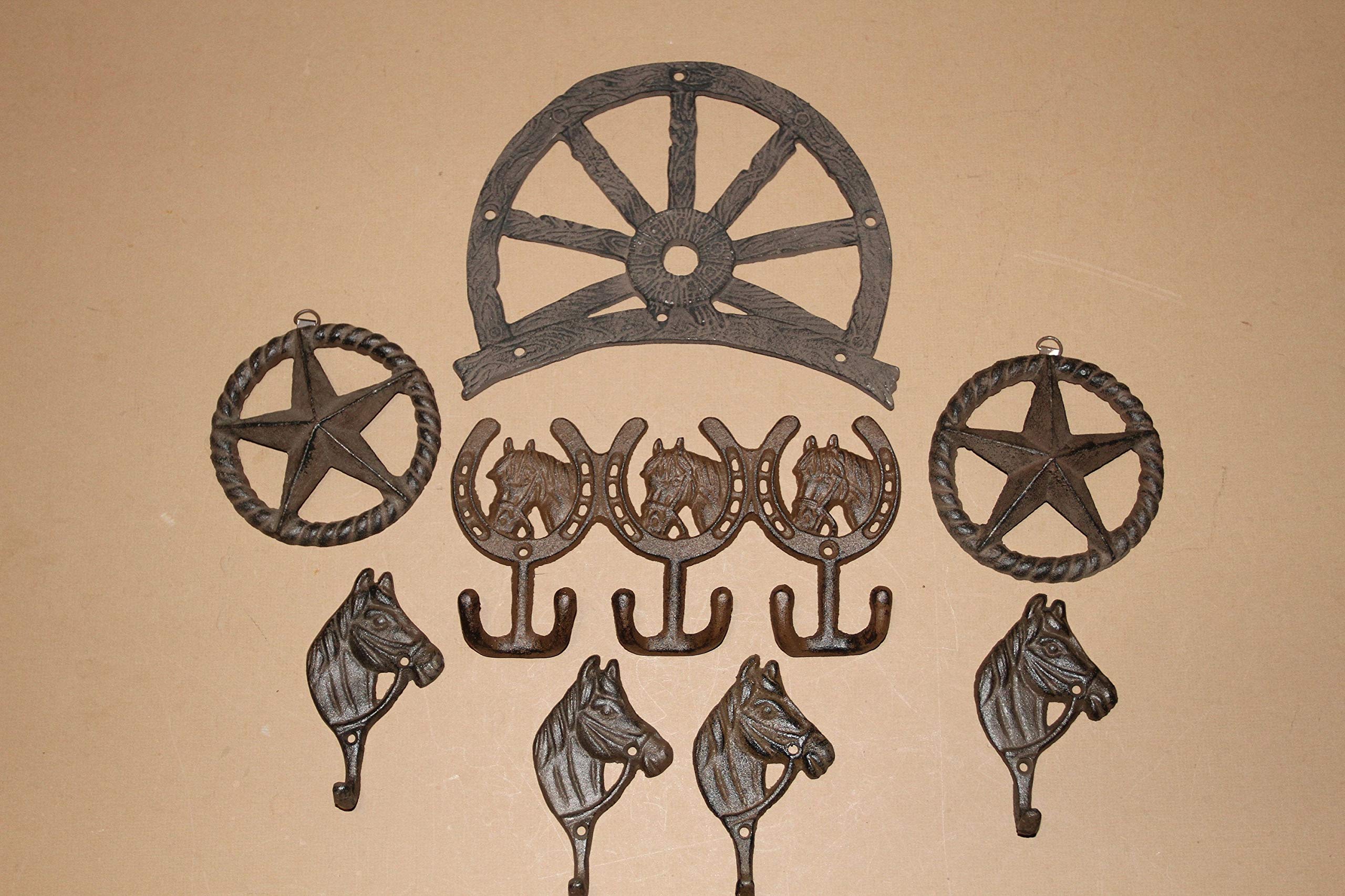 Vintage Cast Iron Western Decor Wall Plaques with Coat Hooks - Set of 8 Rustic Wall Hooks for Cowboy Home Decor, Ranch Style Entryway & Western Themed Rooms