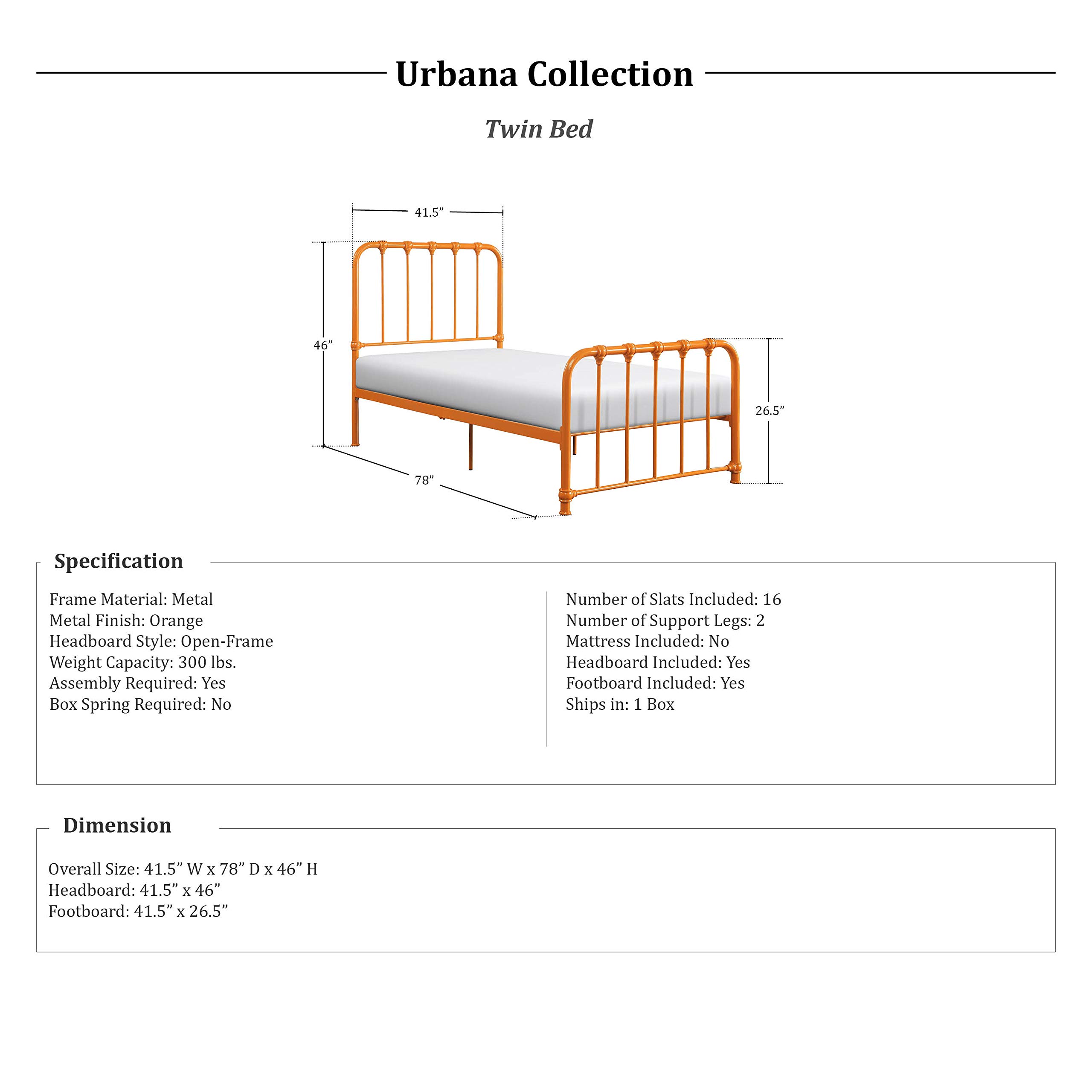 Lexicon Twin Metal Bed Frame with Headboard - Sturdy Metal Platform Bed, No Box Spring Needed, Under Bed Storage Space, Easy Assembly, Orange - Perfect for Kids' Rooms, Guest Bedrooms & Small Spaces