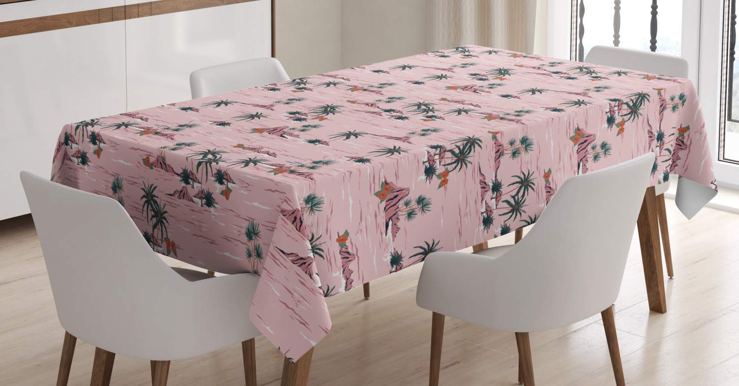 Ambesonne Hawaiian Tablecloth - Tropical Palm Trees, Rocky Beach & Hibiscus Floral Design - 52