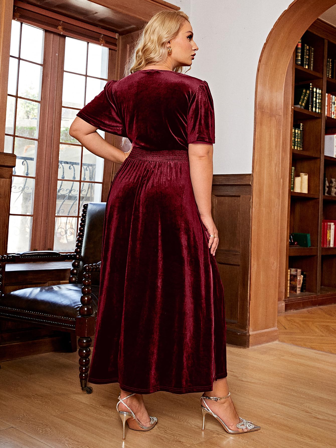 BerryGo Women's Plus Size Velvet Formal Dress - Elegant V-Neck Maternity Maxi Dress with High Waist & Thigh Slit for Wedding Guest, Party, Cocktail Events & Special Occasions