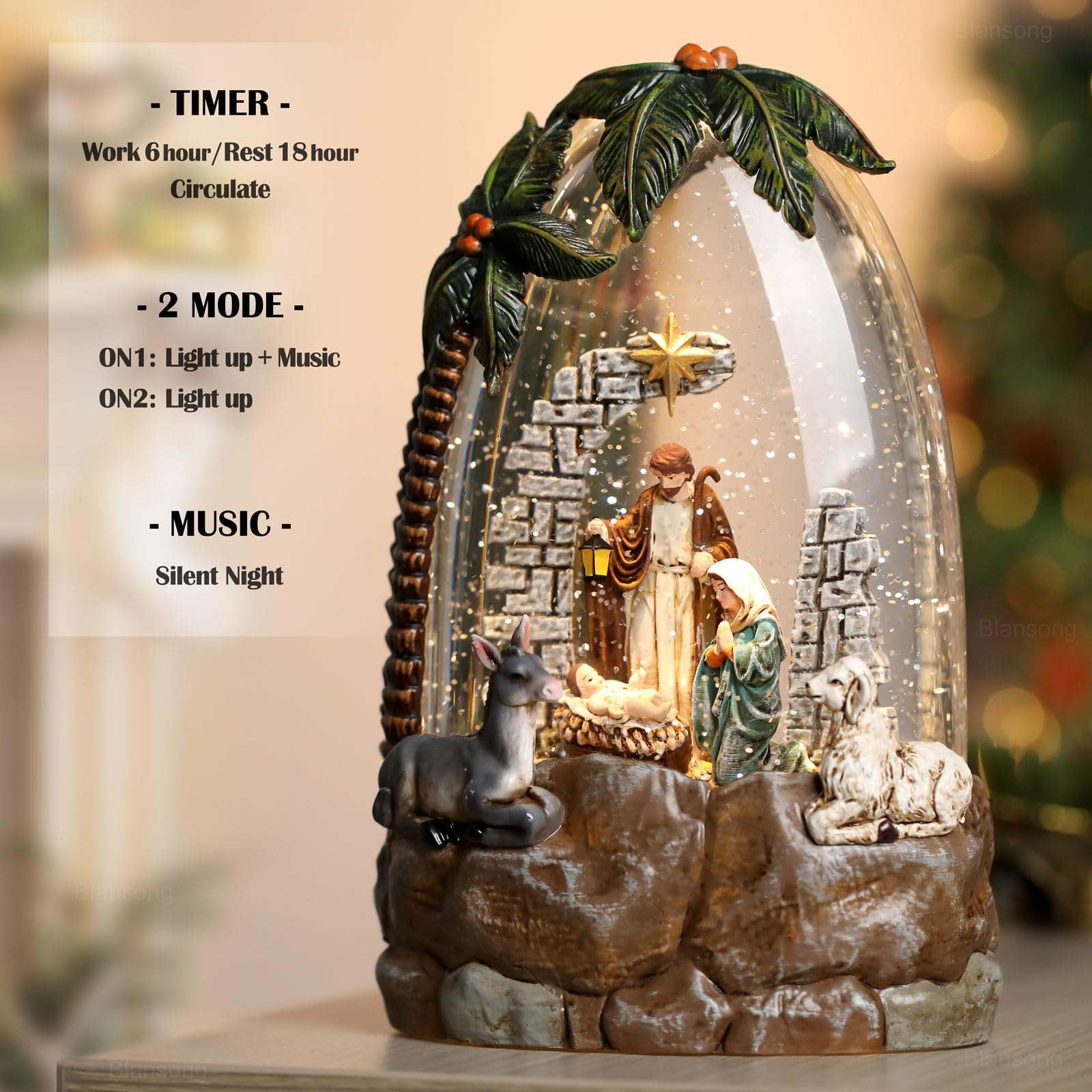 Christmas Snow Globe Lantern with Nativity Scene - 10.2 Inch Holiday Decor with Timer, USB & Battery Power - Perfect for Home, Office, and Christmas Party Decorations